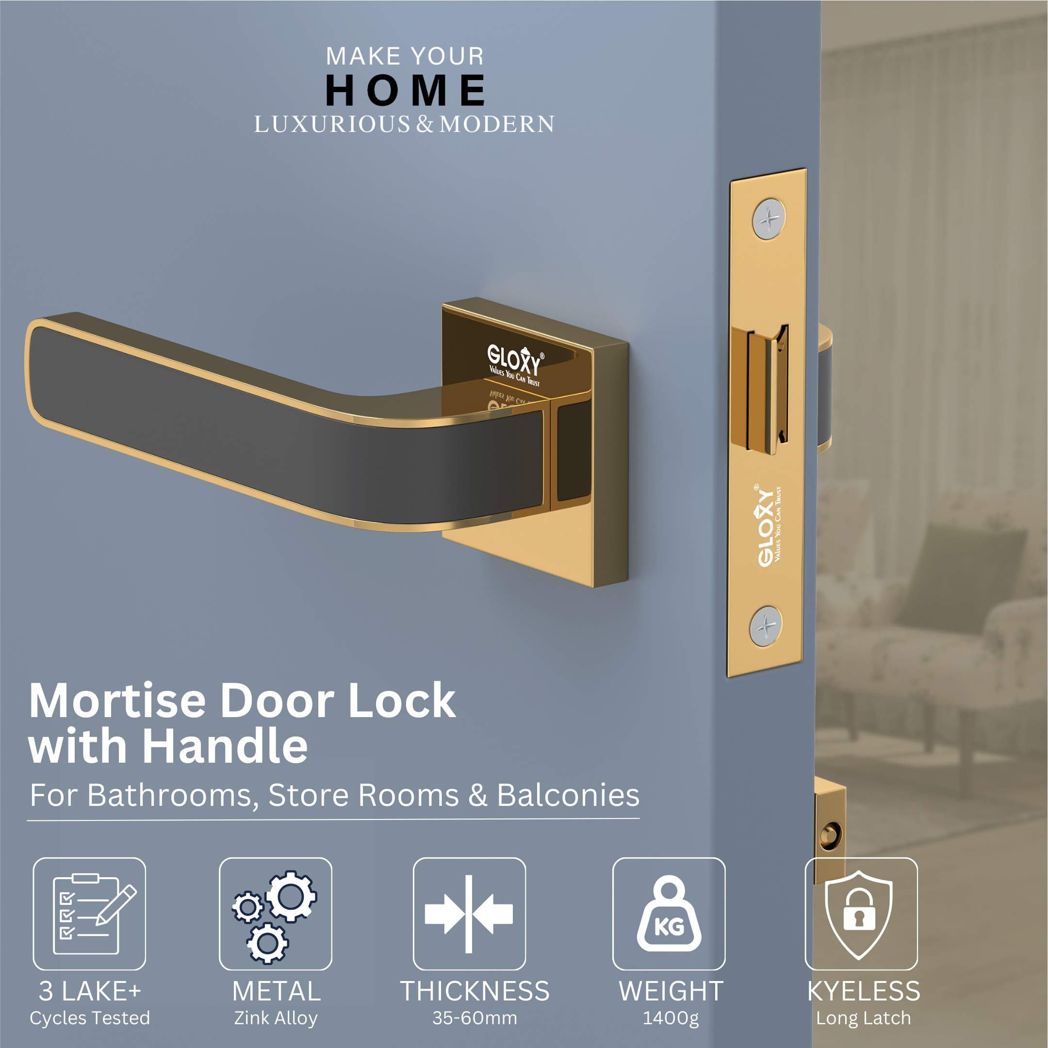 Gloxy Dorik Series Gold  Finish Mortise Bathroom Door Latch Lock With Handle