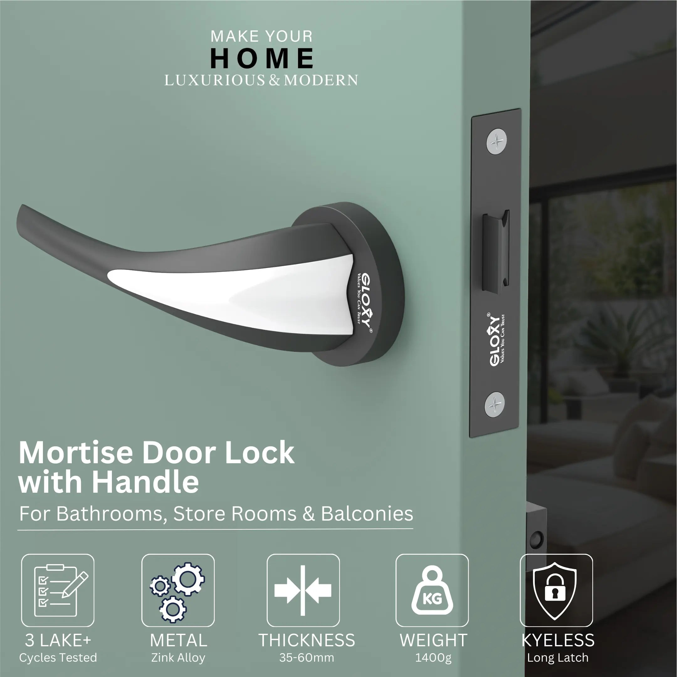 GLOXY Brass Door Lock for Balcony Store Room Door Lock, Mortise Keyless Handle Set with Brass Baby Latch for Home,Office,Hotel | Black & White Finish (2 Years Warranty, Pack of 1)