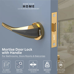 GLOXY Brass Door Lock for Balcony Store Room Door Lock, Mortise Keyless Handle Set with Brass Baby Latch for Home,Office,Hotel | Gold & Black Finish (2 Years Warranty, Pack of 1)
