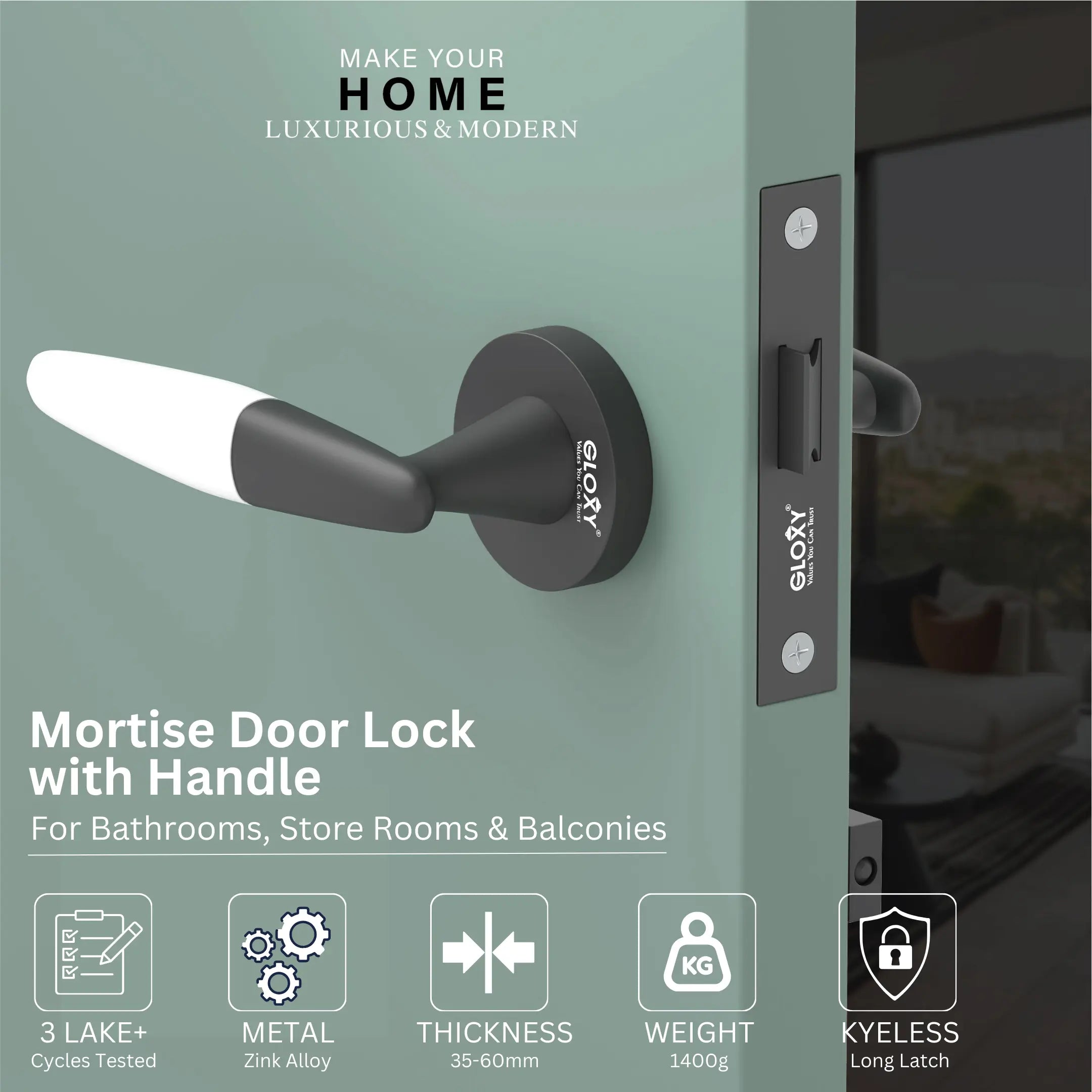 GLOXY Brass Door Lock for Balcony Store Room Door Lock, Mortise Keyless Handle Set with Brass Baby Latch for Home,Office,Hotel | White & Black Finish (2 Years Warranty, Pack of 1)