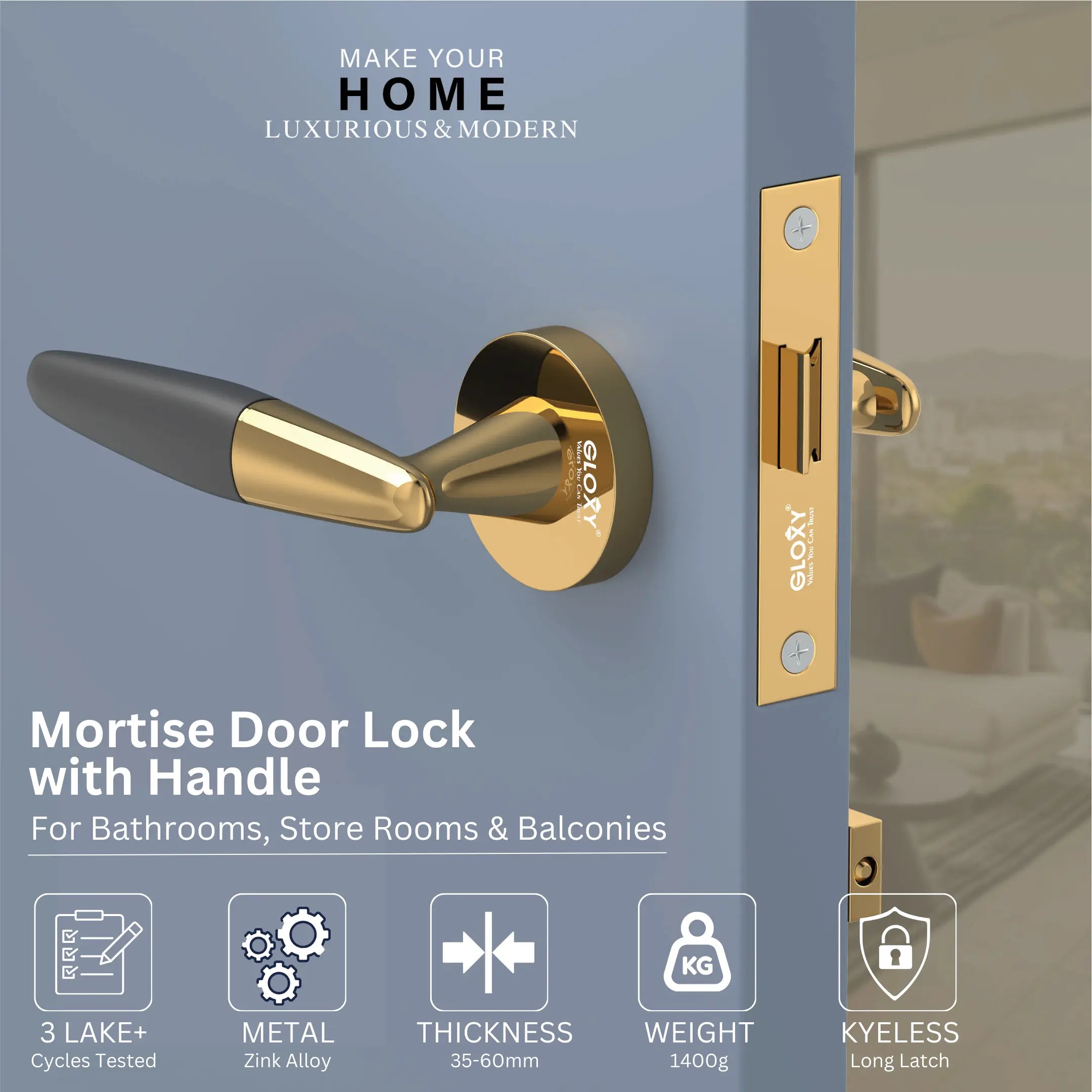 Gloxy Royal Series Gold Finish Mortise Bathroom Door Latch Lock With Handle