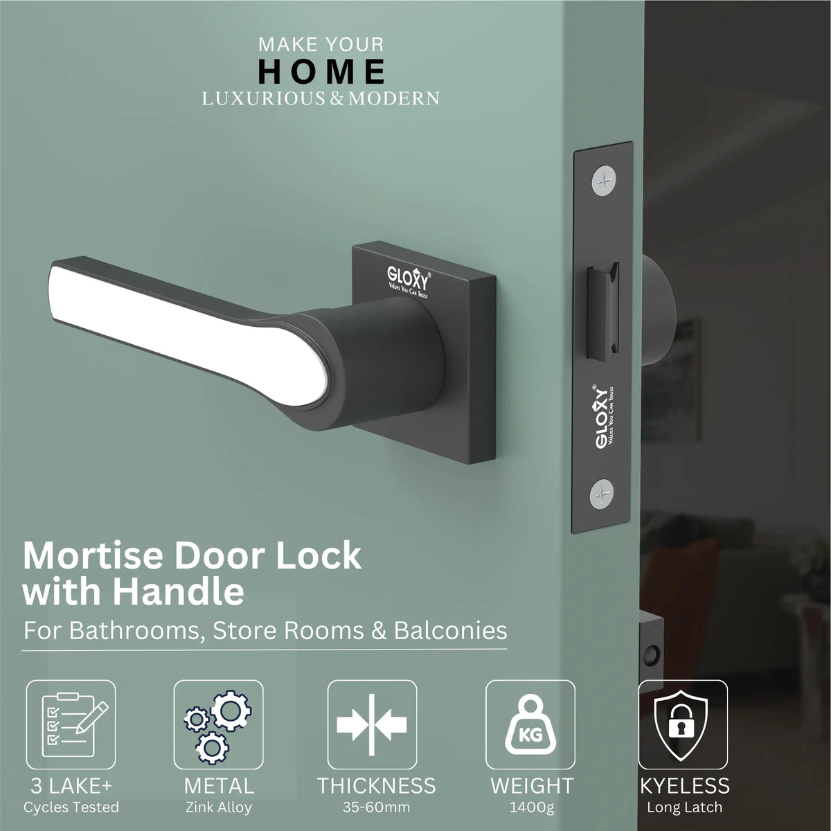 GLOXY Brass Door Lock for Balcony Store Room Door Lock, Mortise Keyless Handle Set with Brass Baby Latch for Home,Office,Hotel |  Black & White Finish (2 Years Warranty, Pack of 1)