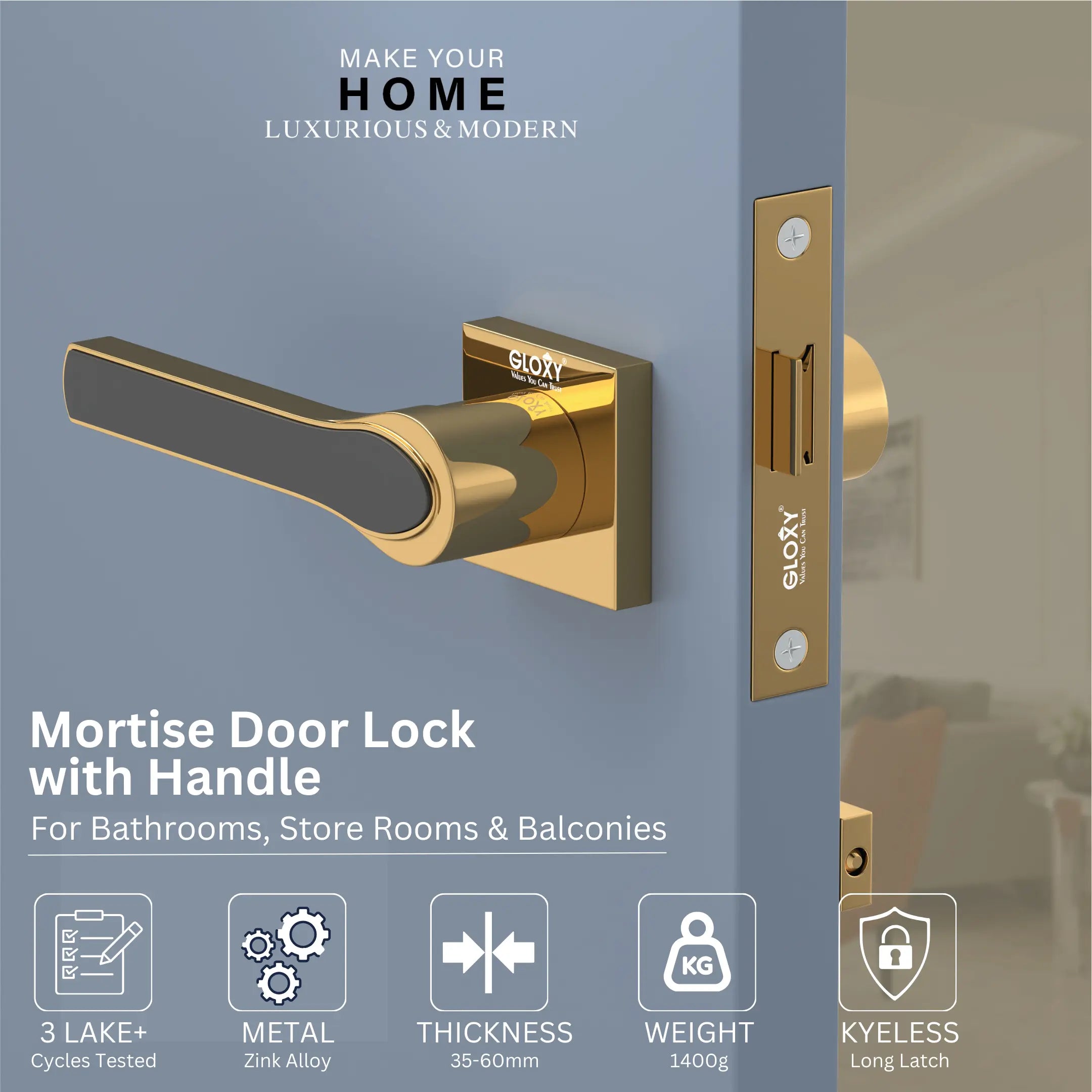 Gloxy Safro Series Gold Finish Mortise Bathroom Door Latch Lock With Handle
