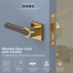GLOXY Brass Door Lock for Balcony Store Room Door Lock, Mortise Keyless Handle Set with Brass Baby Latch for Home,Office,Hotel | Gold & Black Finish (2 Years Warranty, Pack of 1)