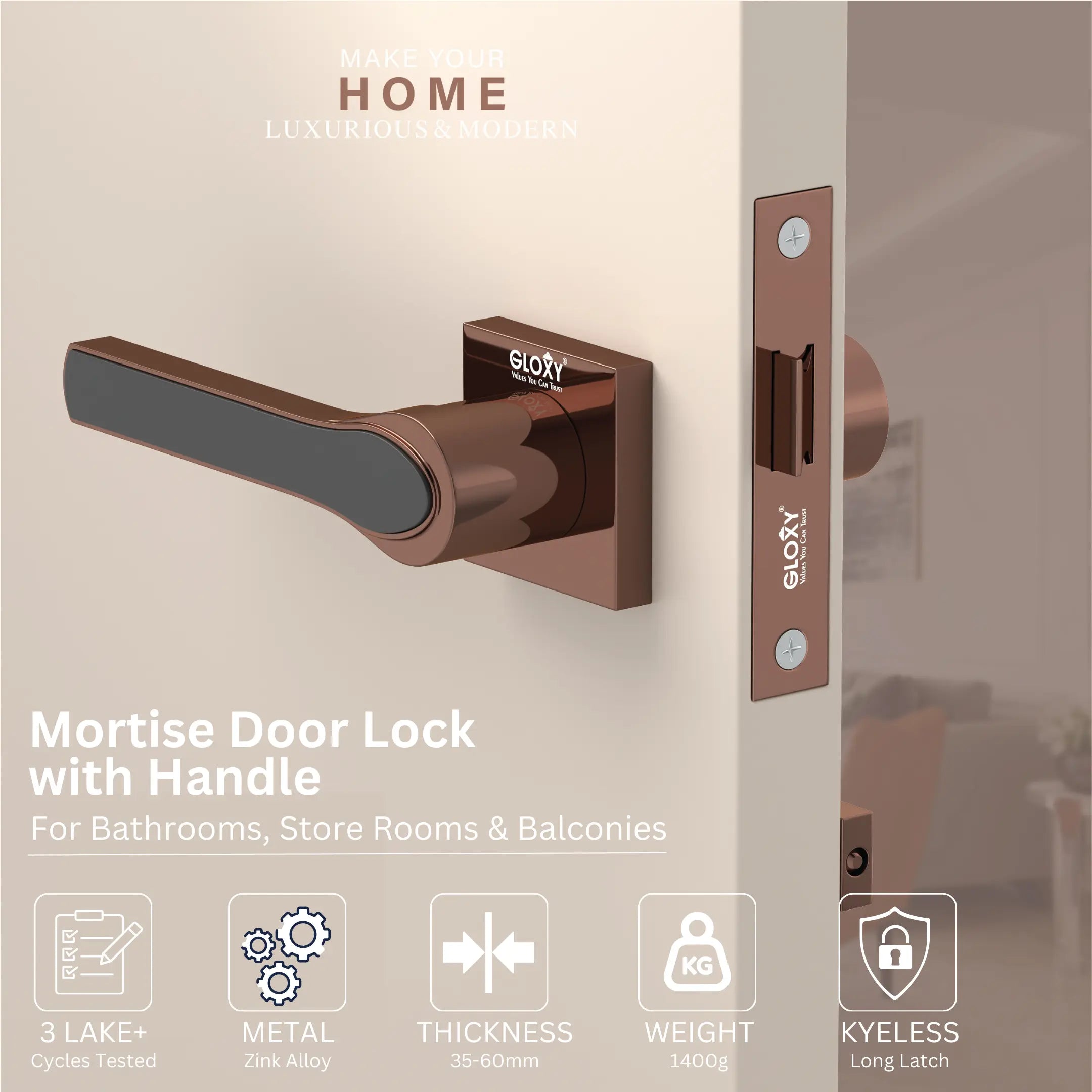 GLOXY Brass Door Lock for Balcony Store Room Door Lock, Mortise Keyless Handle Set with Brass Baby Latch for Home,Office,Hotel | Rose Gold & Black Finish (2 Years Warranty, Pack of 1)