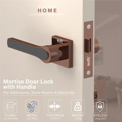 GLOXY Brass Door Lock for Balcony Store Room Door Lock, Mortise Keyless Handle Set with Brass Baby Latch for Home,Office,Hotel | Rose Gold & Black Finish (2 Years Warranty, Pack of 1)