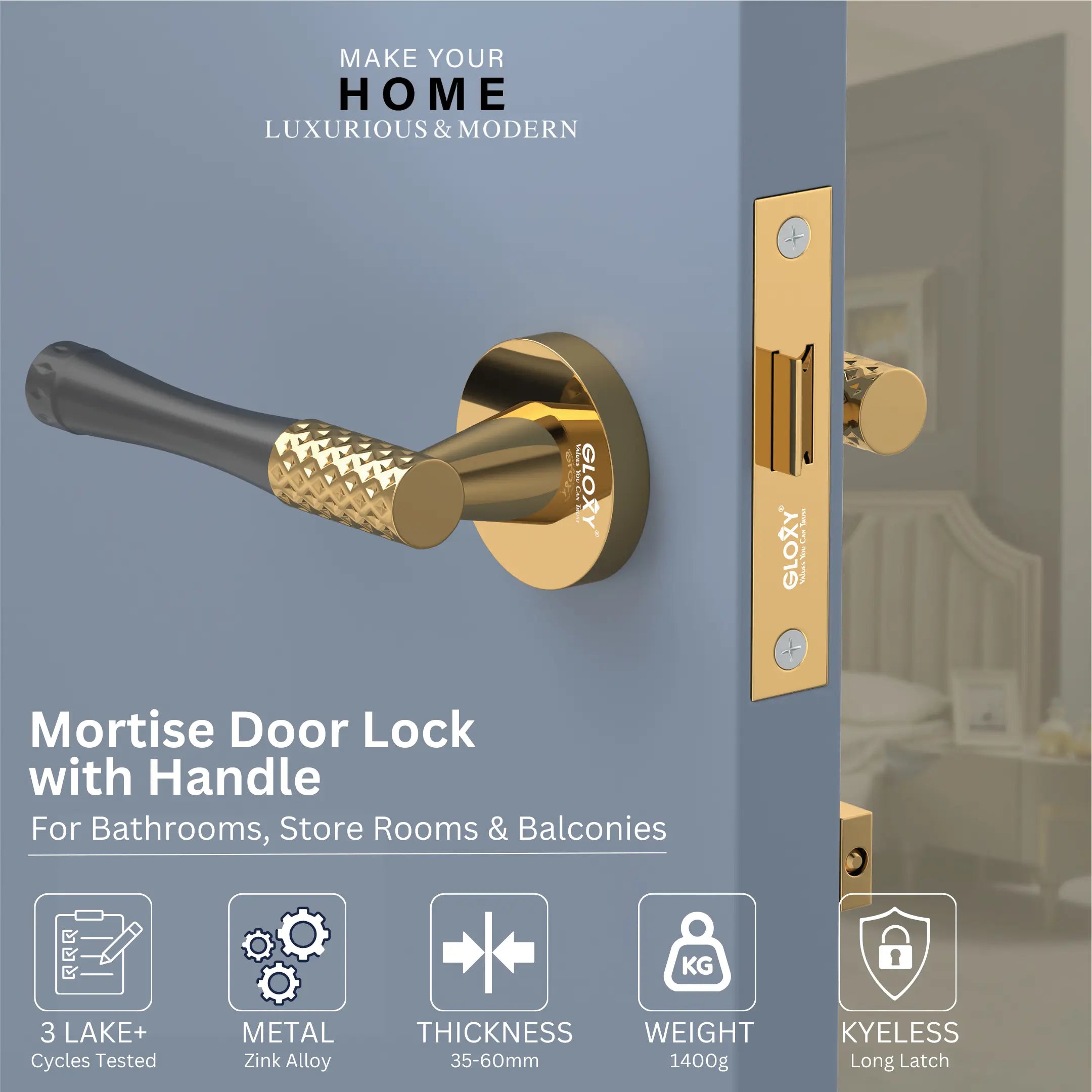 GLOXY Brass Door Lock for Balcony Store Room Door Lock, Mortise Keyless Handle Set with Brass Baby Latch for Home,Office,Hotel | Gold & Black Finish (2 Years Warranty, Pack of 1)