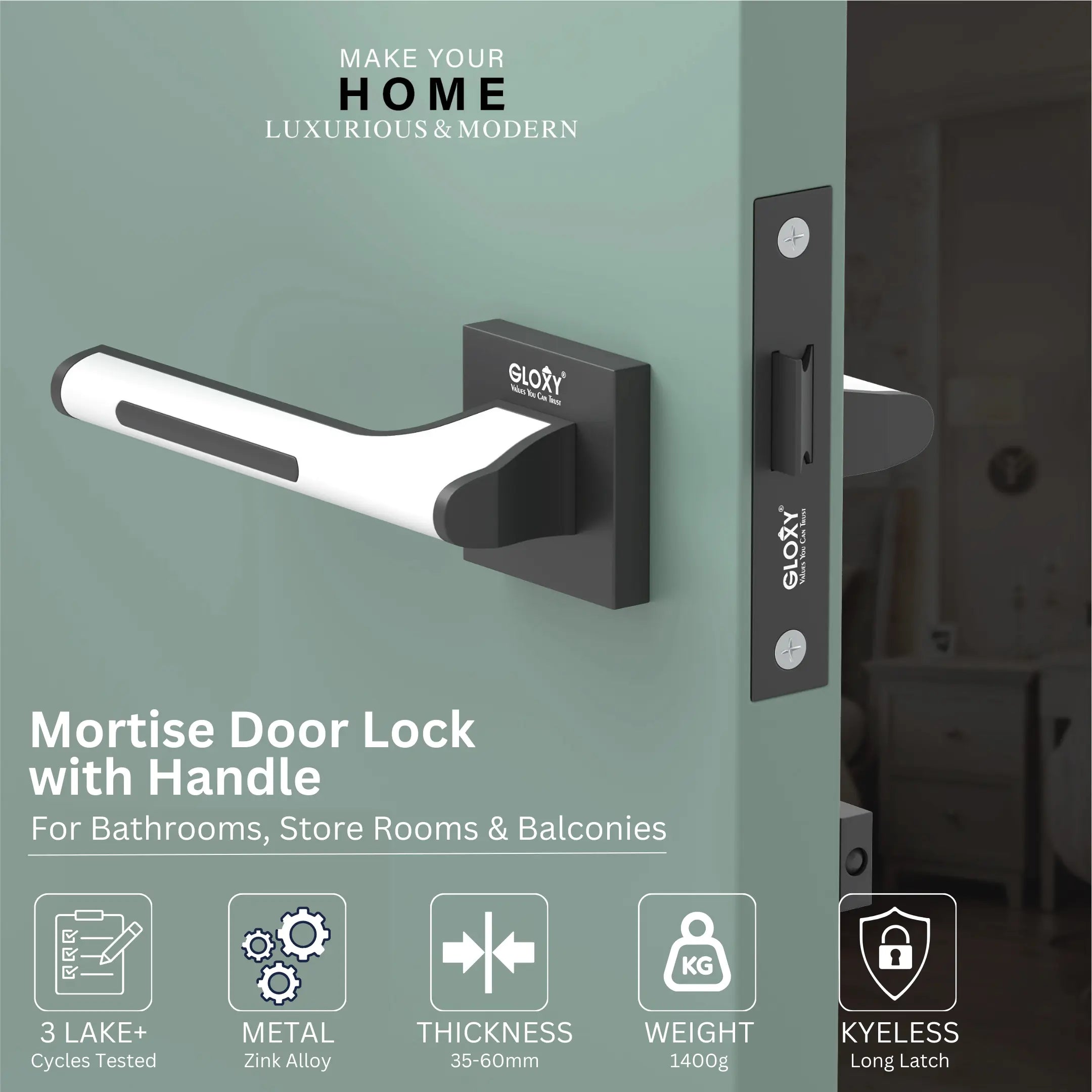 GLOXY Brass Door Lock for Balcony Store Room Door Lock, Mortise Keyless Handle Set with Brass Baby Latch for Home,Office,Hotel | Black & White Finish (2 Years Warranty, Pack of 1)