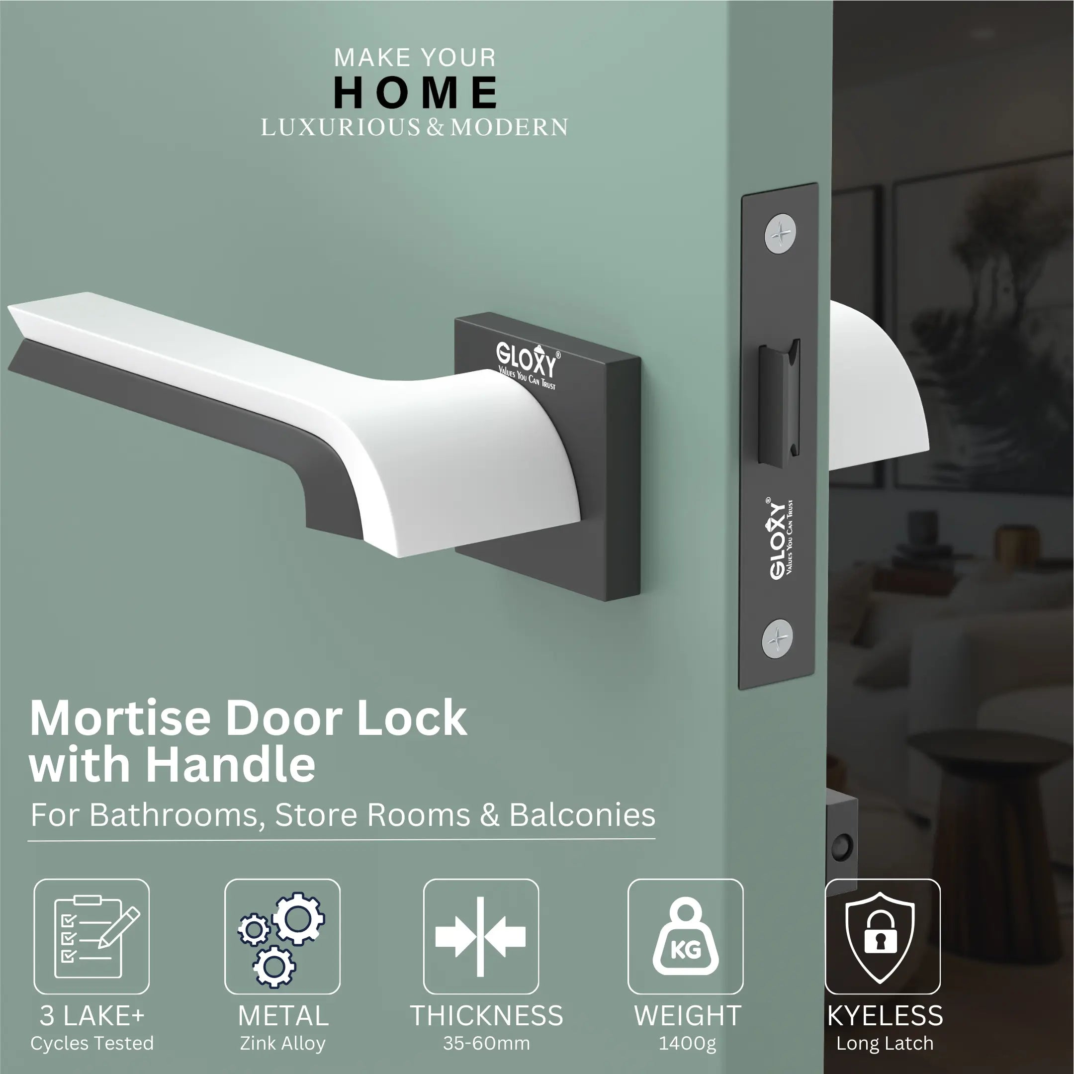 GLOXY Brass Door Lock for Balcony Store Room Door Lock, Mortise Keyless Handle Set with Brass Baby Latch for Home,Office,Hotel | Black & White Finish (2 Years Warranty, Pack of 1)