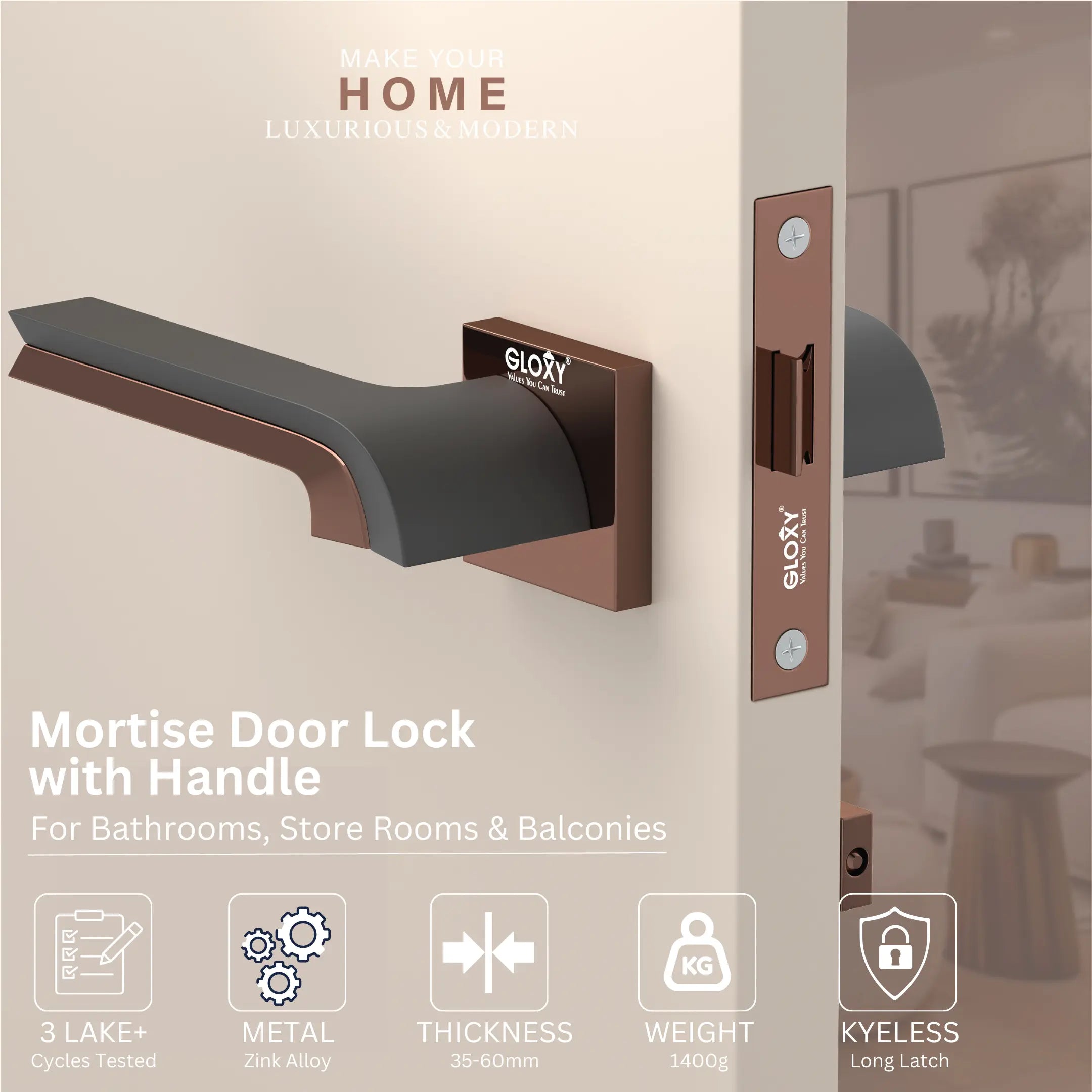 GLOXY Brass Door Lock for Balcony Store Room Door Lock, Mortise Keyless Handle Set with Brass Baby Latch for Home,Office,Hotel | Rose Gold & Black Finish (2 Years Warranty, Pack of 1)