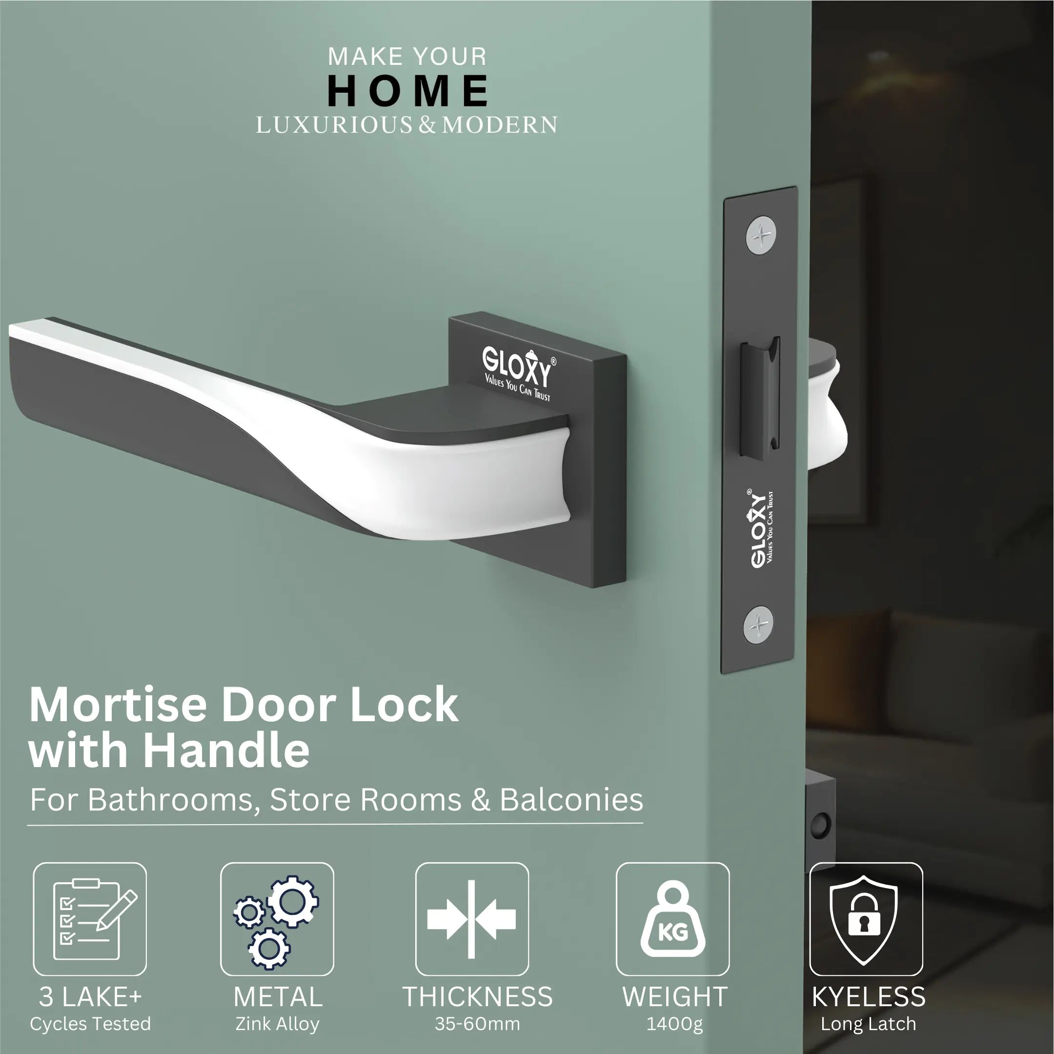 GLOXY Brass Door Lock for Balcony Store Room Door Lock, Mortise Keyless Handle Set with Brass Baby Latch for Home,Office,Hotel |Black & White Finish (2 Years Warranty, Pack of 1)