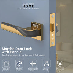 GLOXY Brass Door Lock for Balcony Store Room Door Lock, Mortise Keyless Handle Set with Brass Baby Latch for Home,Office,Hotel | Gold & Black Finish (2 Years Warranty, Pack of 1)
