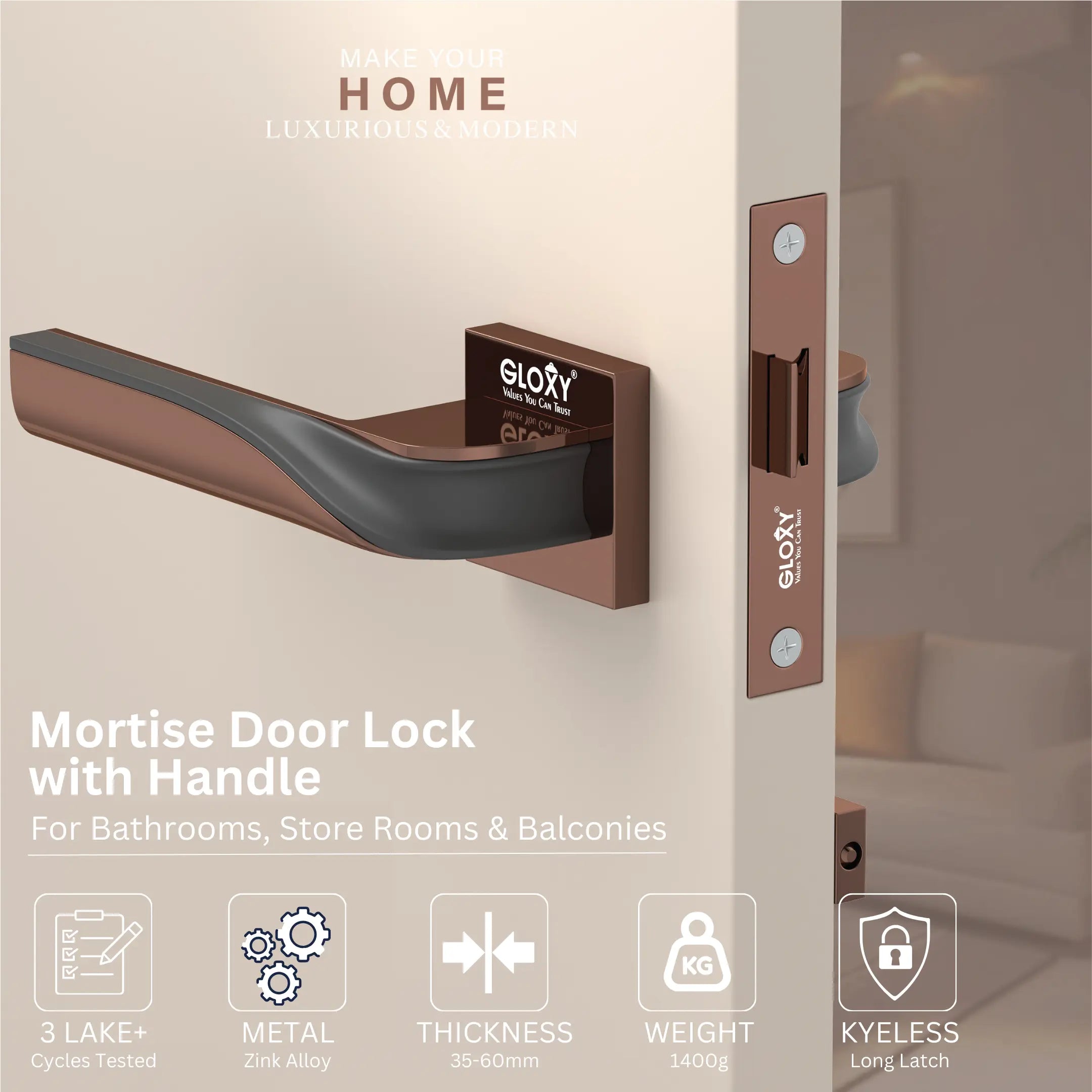 GLOXY Brass Door Lock for Balcony Store Room Door Lock, Mortise Keyless Handle Set with Brass Baby Latch for Home,Office,Hotel | Rose Gold & Black Finish (2 Years Warranty, Pack of 1)
