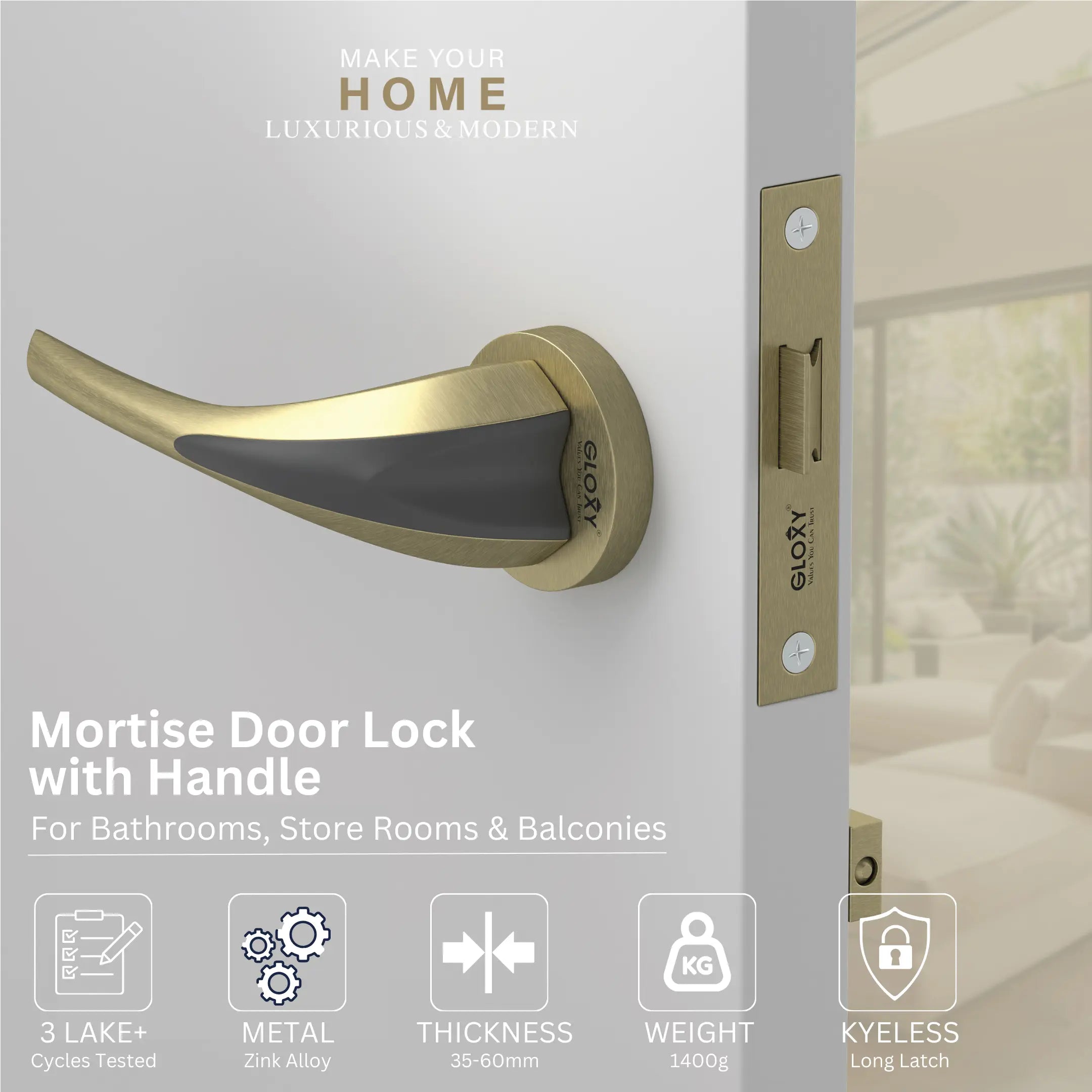 GLOXY Brass Door Lock for Balcony Store Room Door Lock, Mortise Keyless Handle Set with Brass Baby Latch for Home,Office,Hotel | Antique & Black Finish (2 Years Warranty, Pack of 1)