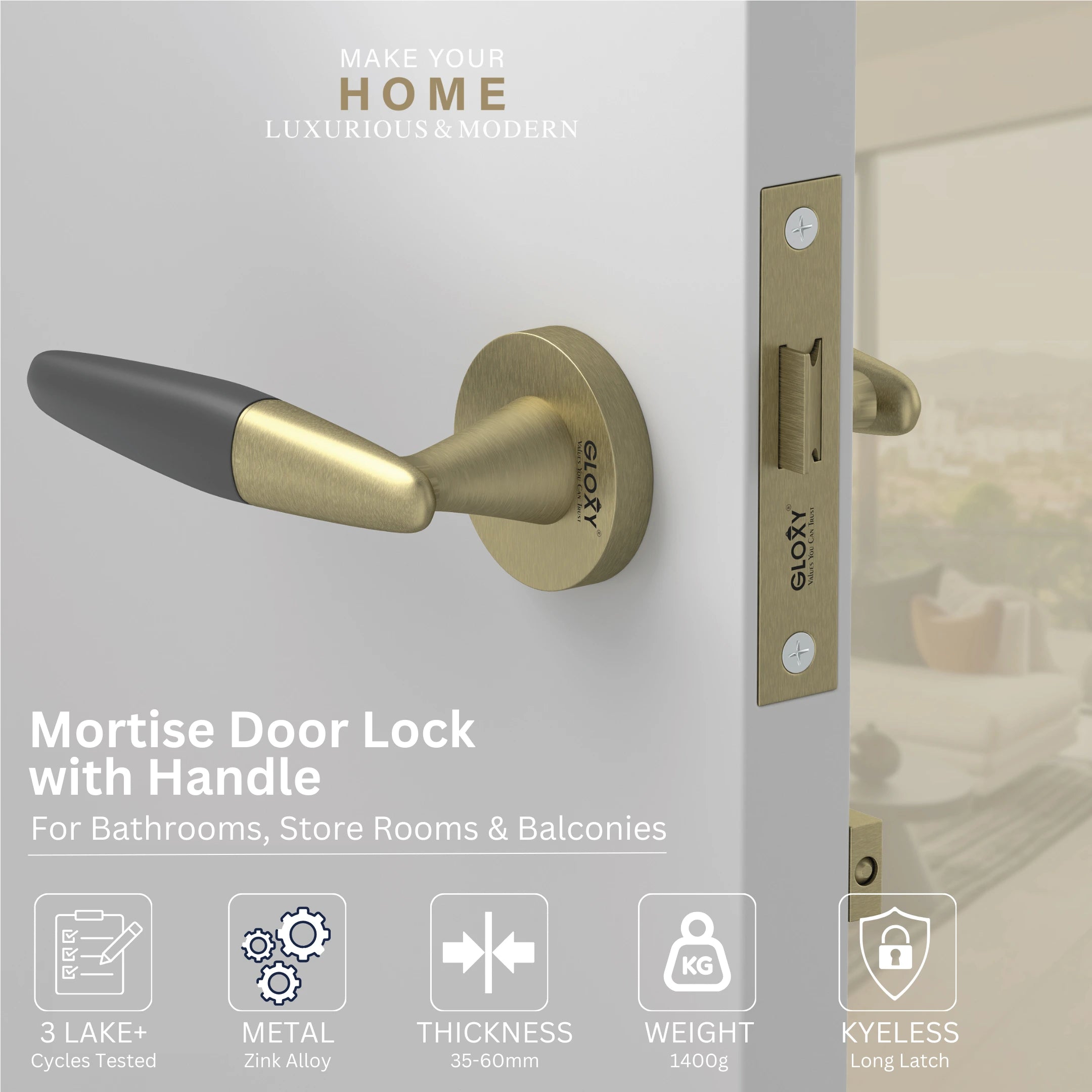 GLOXY Brass Door Lock for Balcony Store Room Door Lock, Mortise Keyless Handle Set with Brass Baby Latch for Home,Office,Hotel | Antique & Black Finish (2 Years Warranty, Pack of 1)