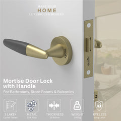 GLOXY Brass Door Lock for Balcony Store Room Door Lock, Mortise Keyless Handle Set with Brass Baby Latch for Home,Office,Hotel | Antique & Black Finish (2 Years Warranty, Pack of 1)