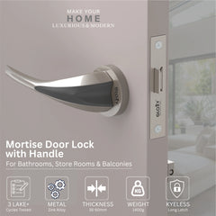 GLOXY Brass Door Lock for Balcony Store Room Door Lock, Mortise Keyless Handle Set with Brass Baby Latch for Home,Office,Hotel | Satin & Black Finish (2 Years Warranty, Pack of 1)