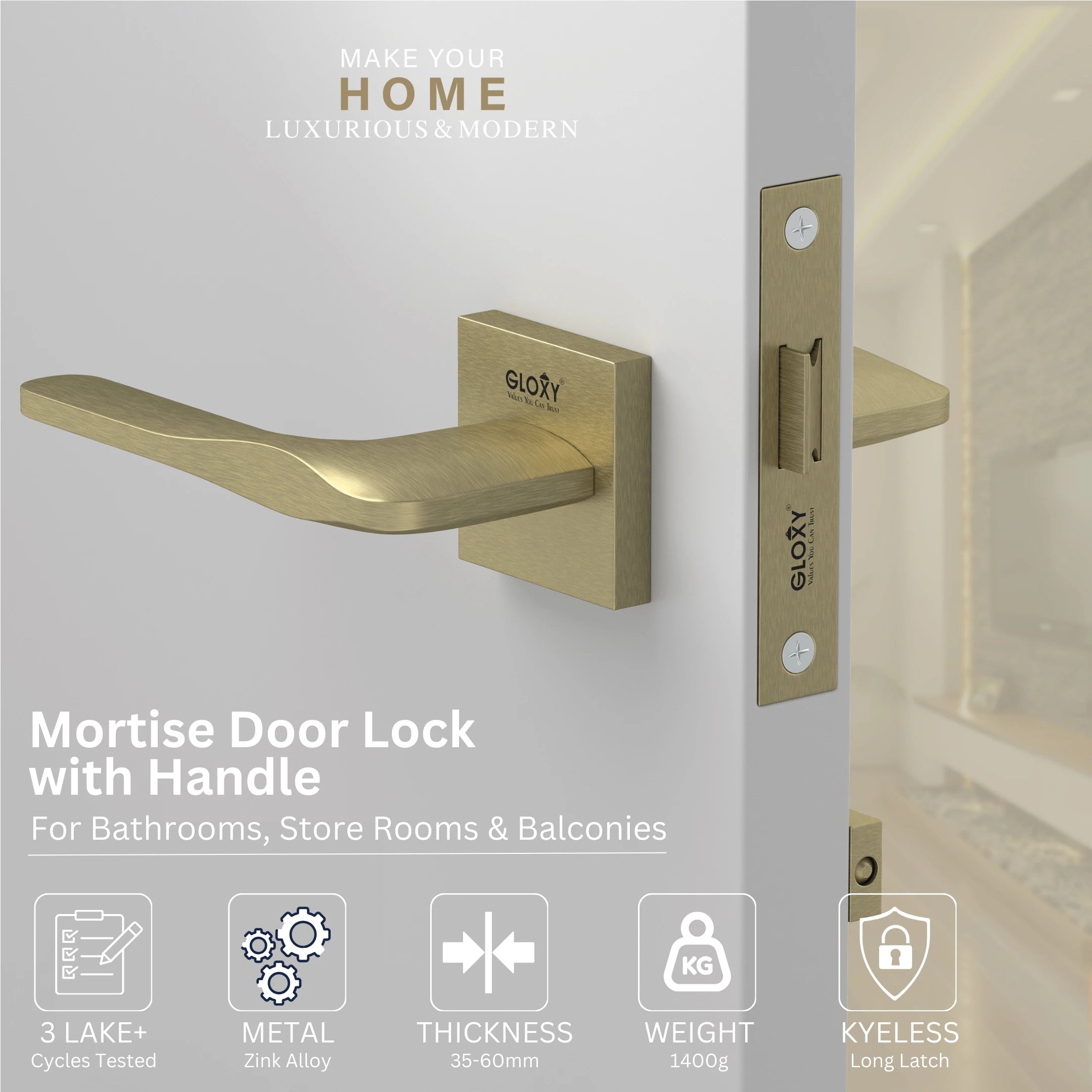 GLOXY Brass Door Lock for Balcony Store Room Door Lock, Mortise Keyless Handle Set with Brass Baby Latch for Home,Office,Hotel | Antique Finish (2 Years Warranty, Pack of 1)
