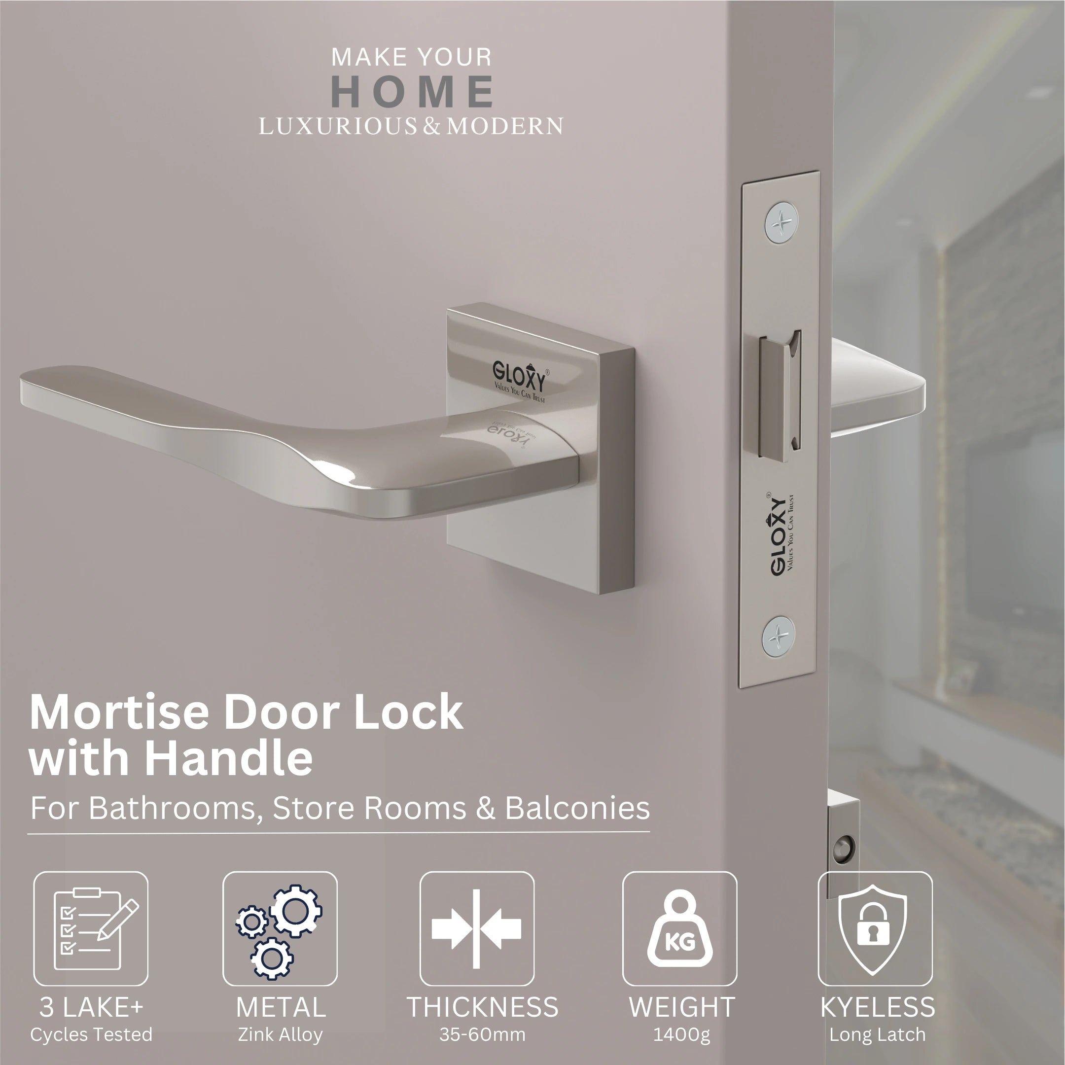 GLOXY Brass Door Lock for Balcony Store Room Door Lock, Mortise Keyless Handle Set with Brass Baby Latch for Home,Office,Hotel | Satin Chrome Finish (2 Years Warranty, Pack of 1)