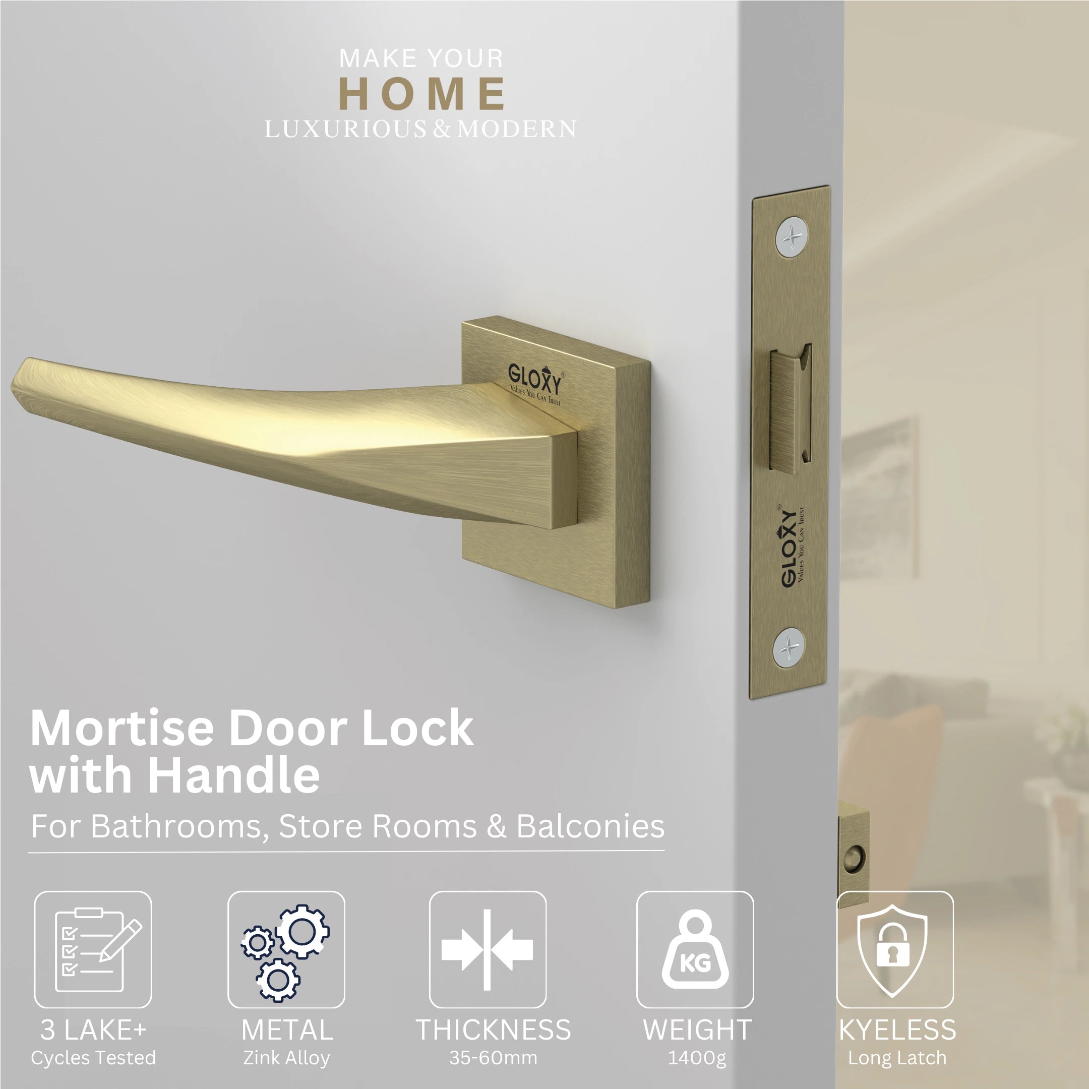 Gloxy zemtron Series Antique Finish Mortise Bathroom Door Latch Lock With Handle