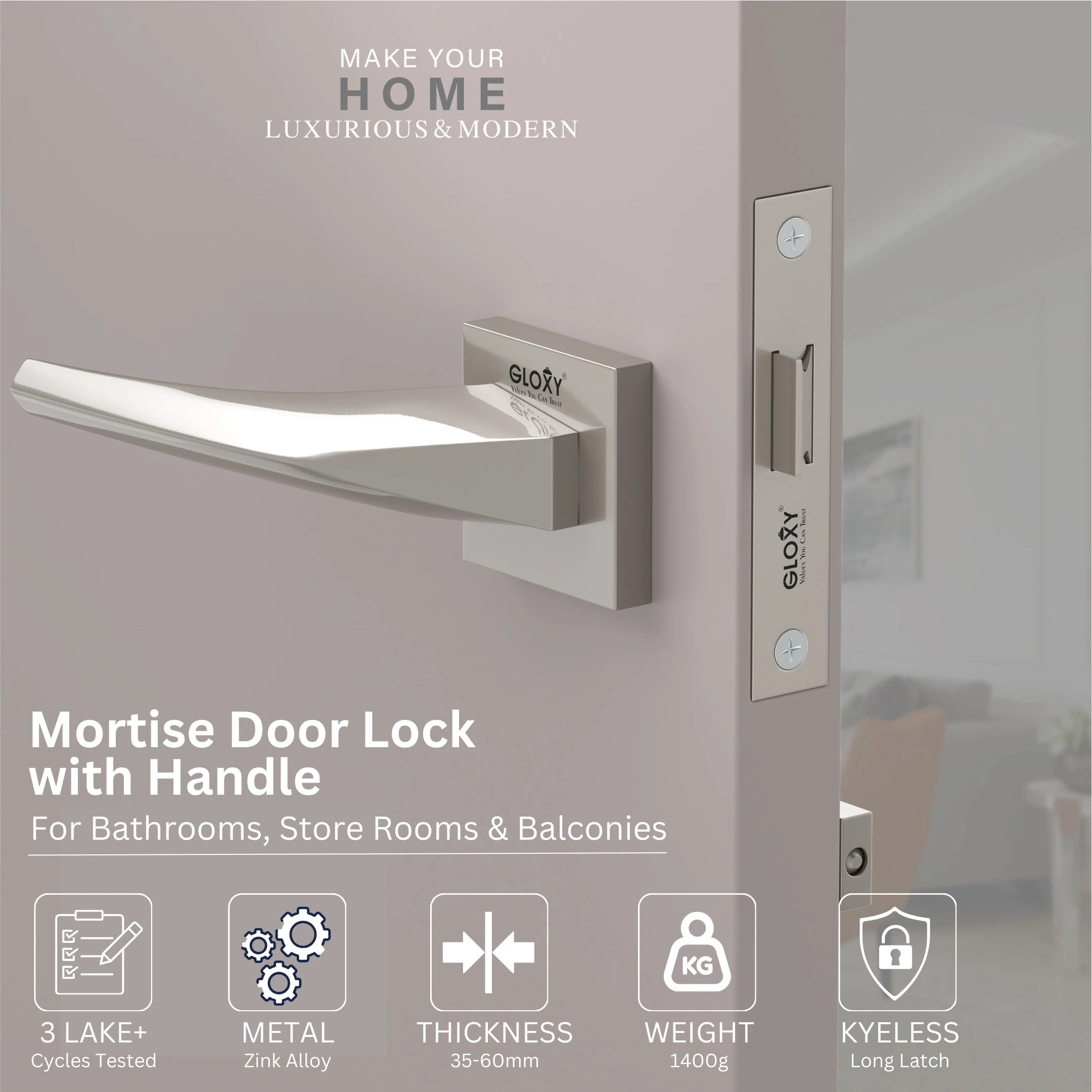 GLOXY Brass Door Lock for Balcony Store Room Door Lock, Mortise Keyless Handle Set with Brass Baby Latch for Home,Office,Hotel | Satin Chrome Finish (2 Years Warranty, Pack of 1)