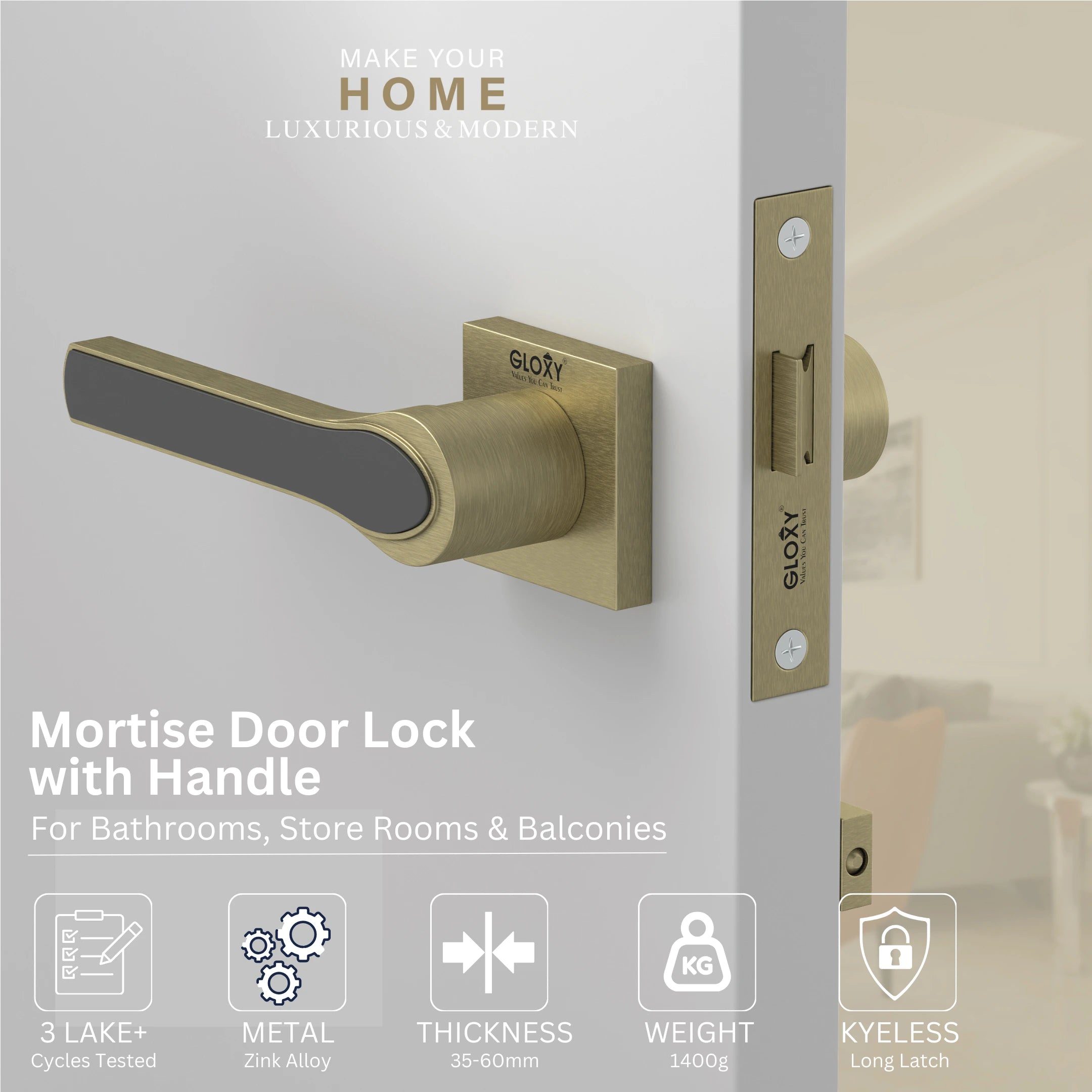 GLOXY Brass Door Lock for Balcony Store Room Door Lock, Mortise Keyless Handle Set with Brass Baby Latch for Home,Office,Hotel | Antique & Black Finish (2 Years Warranty, Pack of 1)
