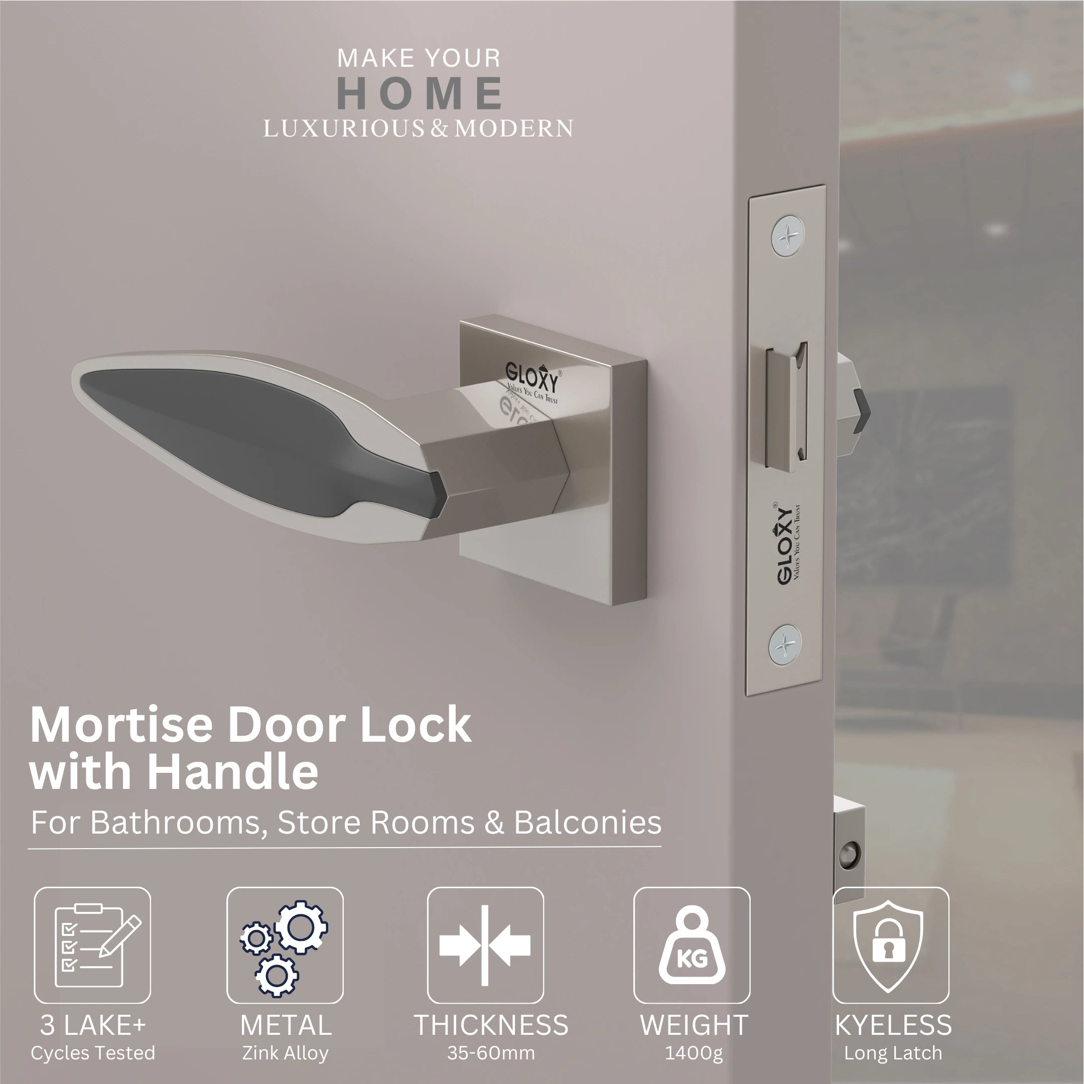 GLOXY Brass Door Lock for Balcony Store Room Door Lock, Mortise Keyless Handle Set with Brass Baby Latch for Home,Office,Hotel | Satin & Black Finish (2 Years Warranty, Pack of 1)