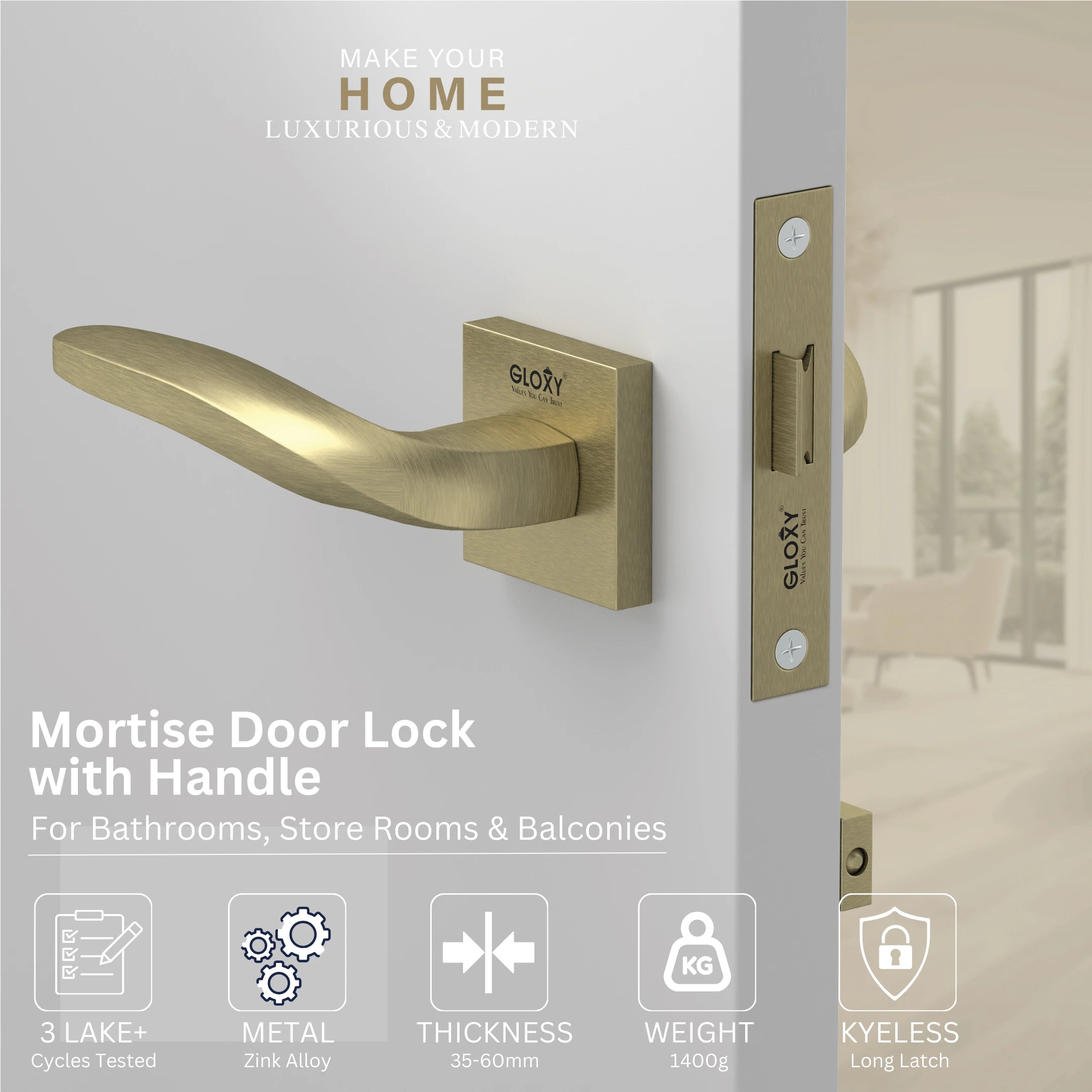 Gloxy Venso Series Antique Finish Mortise Bathroom Door Latch Lock With Handle