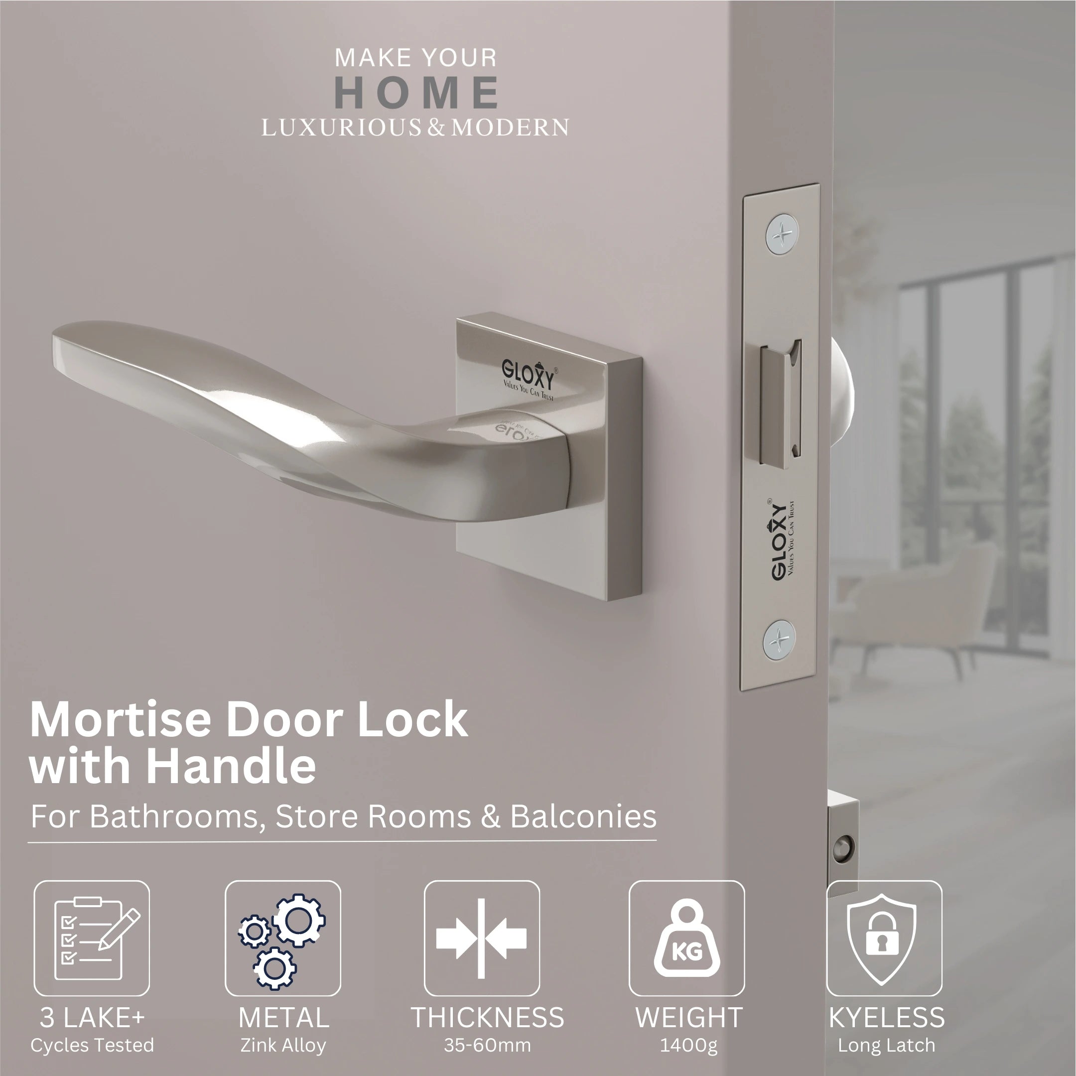 Gloxy Venso Series Satin Chrome Finish Mortise Bathroom Door Latch Lock With Handle