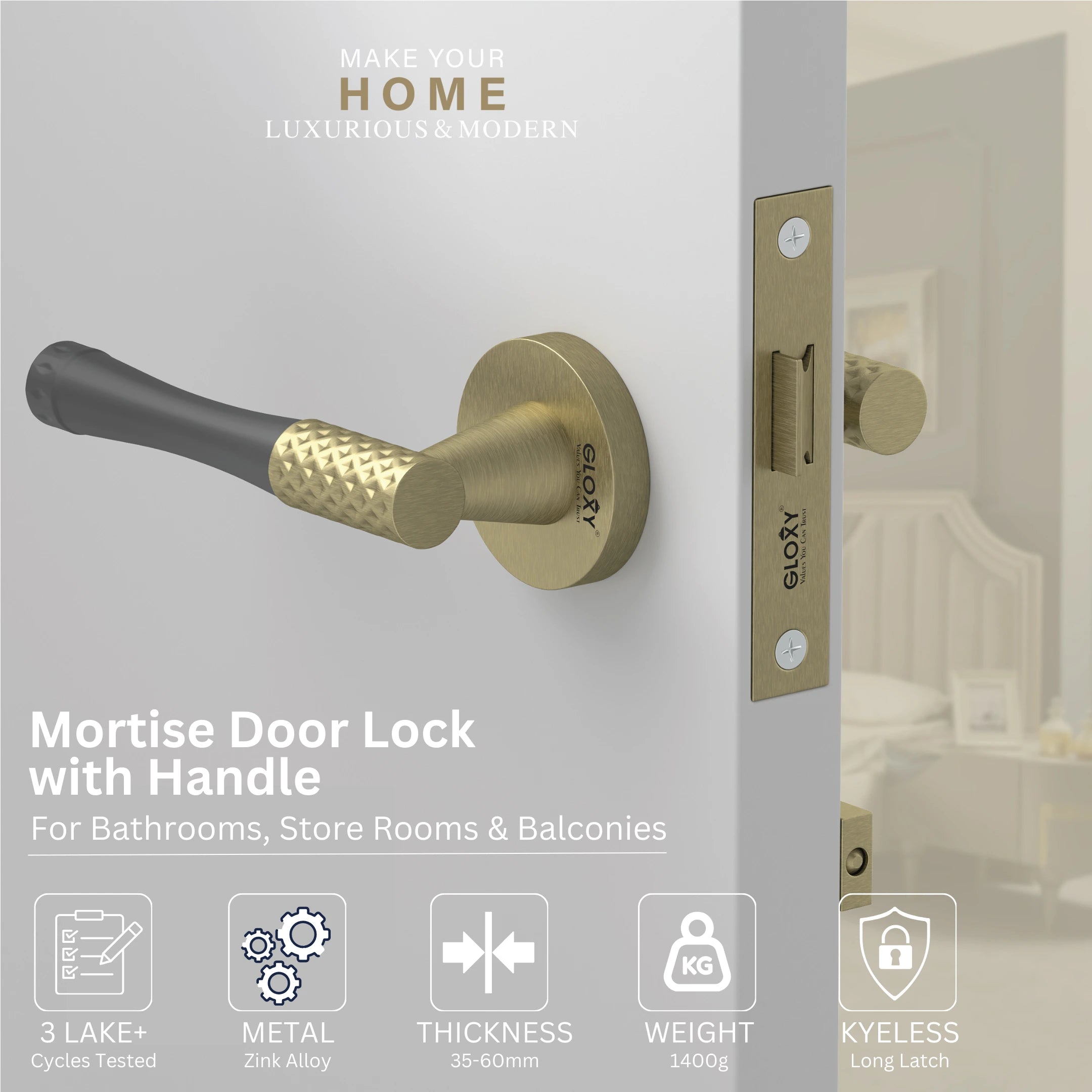 GLOXY Brass Door Lock for Balcony Store Room Door Lock, Mortise Keyless Handle Set with Brass Baby Latch for Home,Office,Hotel | Antique & Black Finish (2 Years Warranty, Pack of 1)