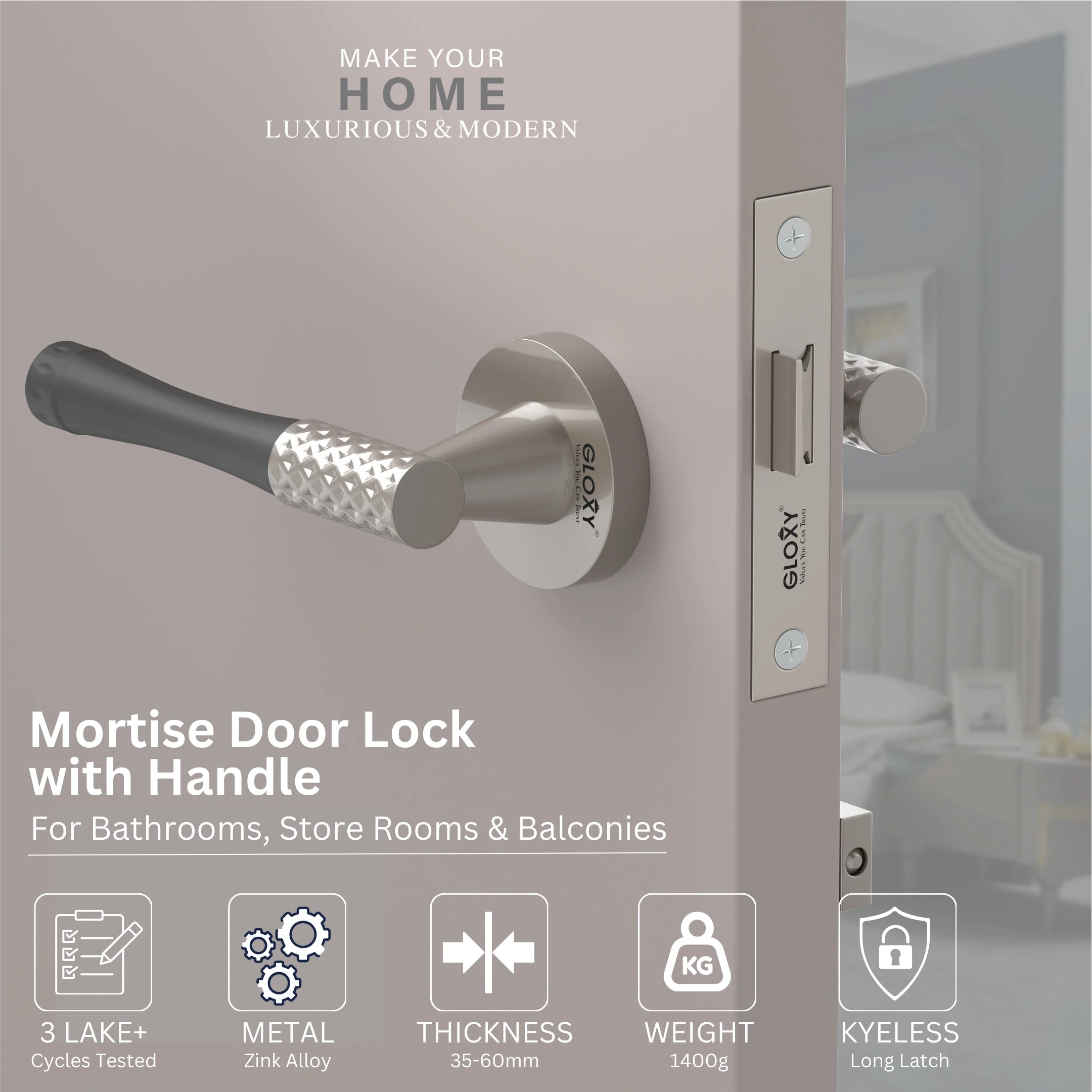GLOXY Brass Door Lock for Balcony Store Room Door Lock, Mortise Keyless Handle Set with Brass Baby Latch for Home,Office,Hotel | Satin & Black Finish (2 Years Warranty, Pack of 1)