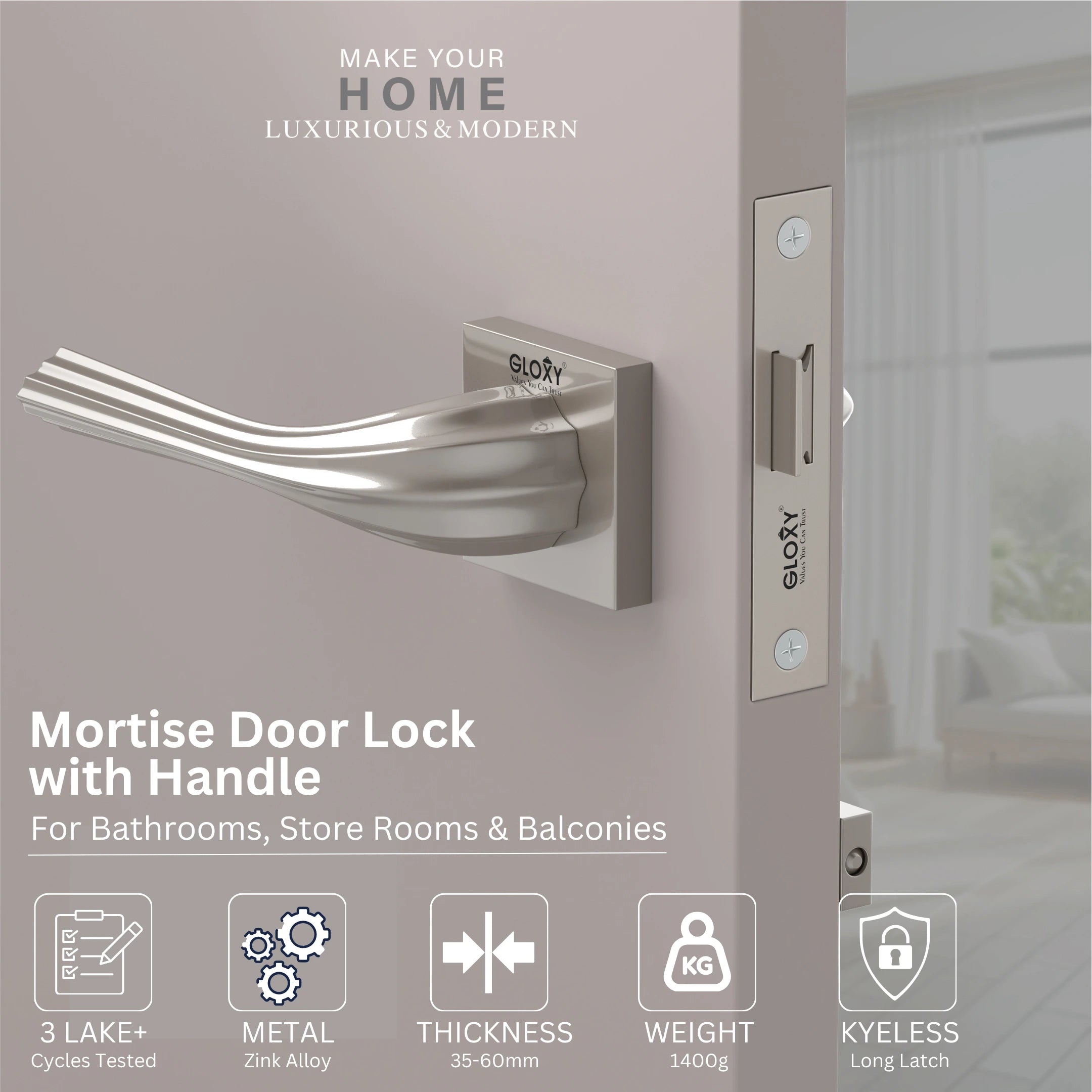 Gloxy Forta Series Satin Chrome Finish Mortise Bathroom Door Latch Lock With Handle