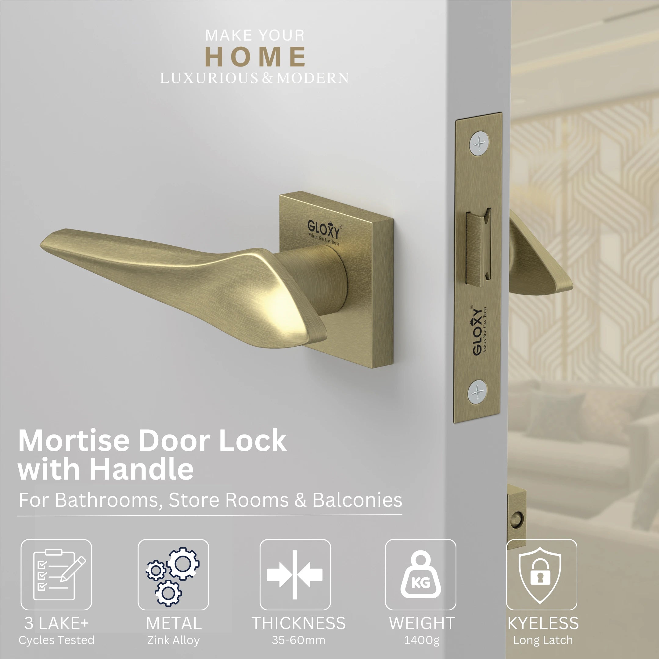 GLOXY Brass Door Lock for Balcony Store Room Door Lock, Mortise Keyless Handle Set with Brass Baby Latch for Home,Office,Hotel | Antique Finish (2 Years Warranty, Pack of 1)