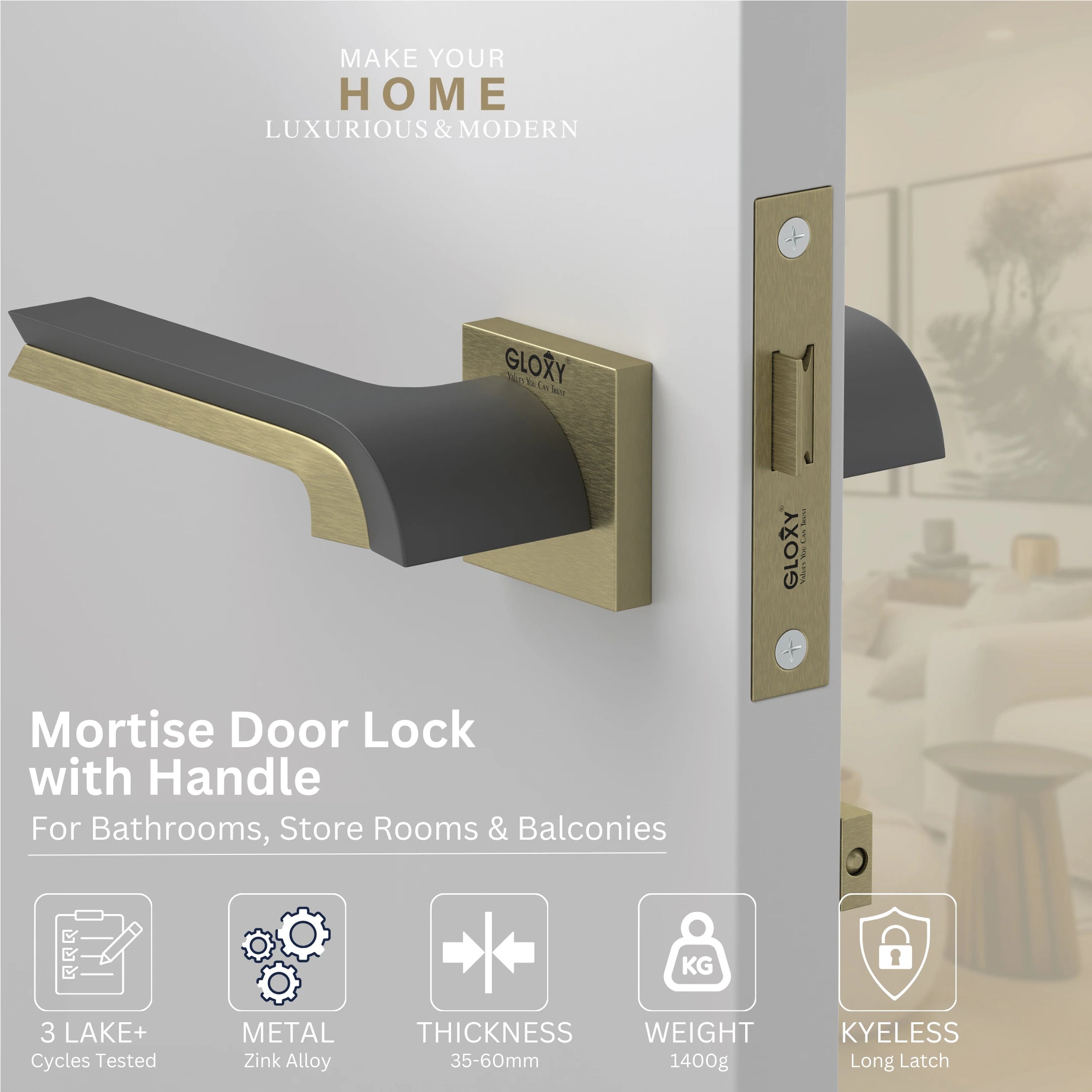 GLOXY Brass Door Lock for Balcony Store Room Door Lock, Mortise Keyless Handle Set with Brass Baby Latch for Home,Office,Hotel | Antique & Black Finish (2 Years Warranty, Pack of 1)