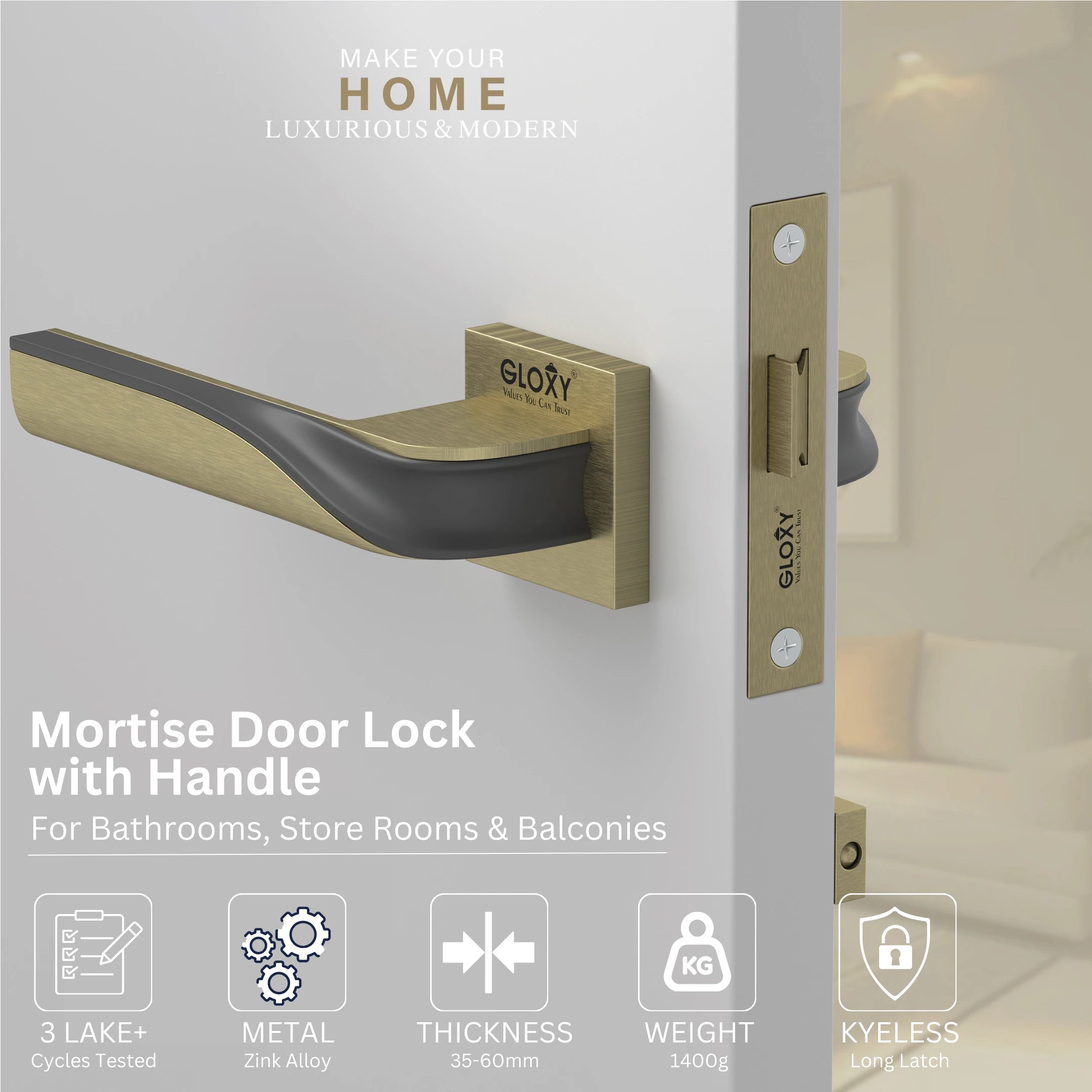 GLOXY Brass Door Lock for Balcony Store Room Door Lock, Mortise Keyless Handle Set with Brass Baby Latch for Home,Office,Hotel | Antique & Black Finish (2 Years Warranty, Pack of 1)