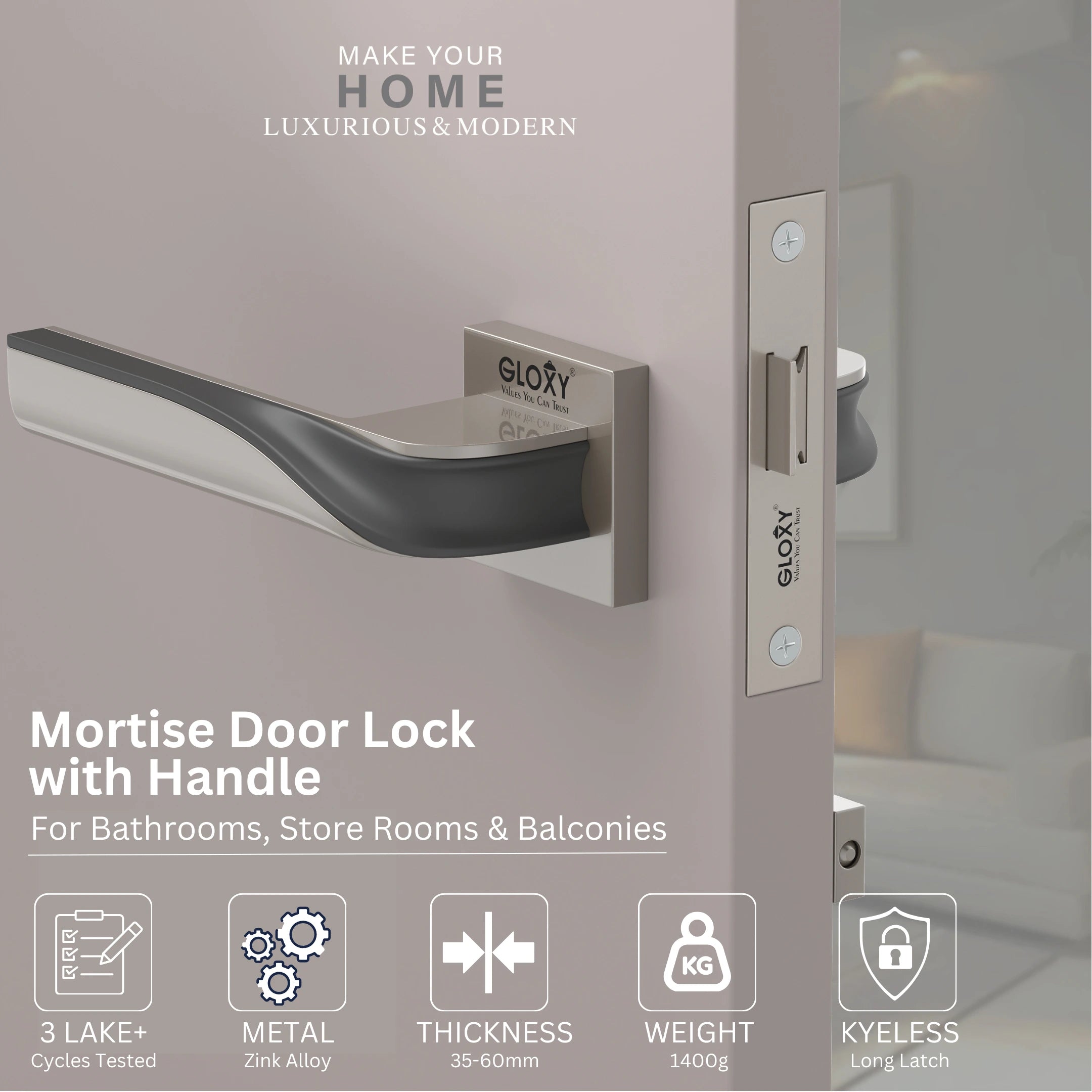 GLOXY Brass Door Lock for Balcony Store Room Door Lock, Mortise Keyless Handle Set with Brass Baby Latch for Home,Office,Hotel | Satin & Black Finish (2 Years Warranty, Pack of 1)