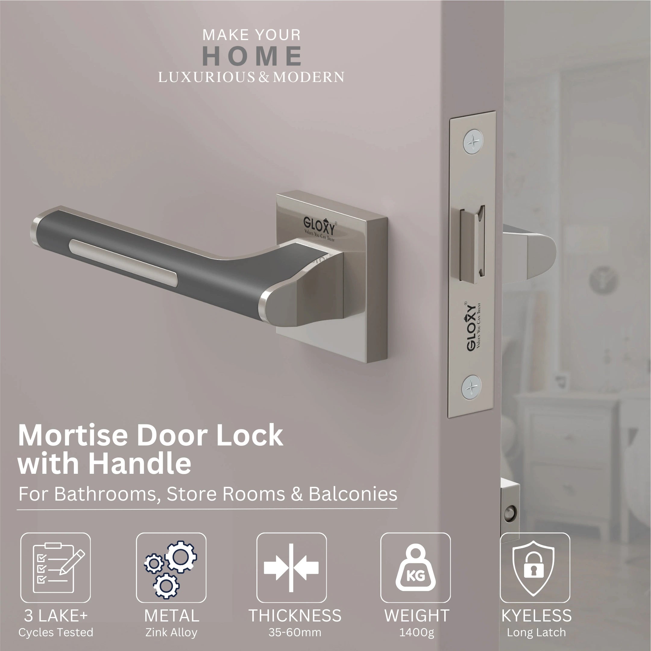 GLOXY Brass Door Lock for Balcony Store Room Door Lock, Mortise Keyless Handle Set with Brass Baby Latch for Home,Office,Hotel | Satin & Black Finish (2 Years Warranty, Pack of 1)