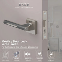 GLOXY Brass Door Lock for Balcony Store Room Door Lock, Mortise Keyless Handle Set with Brass Baby Latch for Home,Office,Hotel | Satin & Black Finish (2 Years Warranty, Pack of 1)