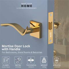 GLOXY Brass Door Lock for Balcony Store Room Door Lock, Mortise Keyless Handle Set with Brass Baby Latch for Home,Office,Hotel | Gold Finish (2 Years Warranty, Pack of 1)