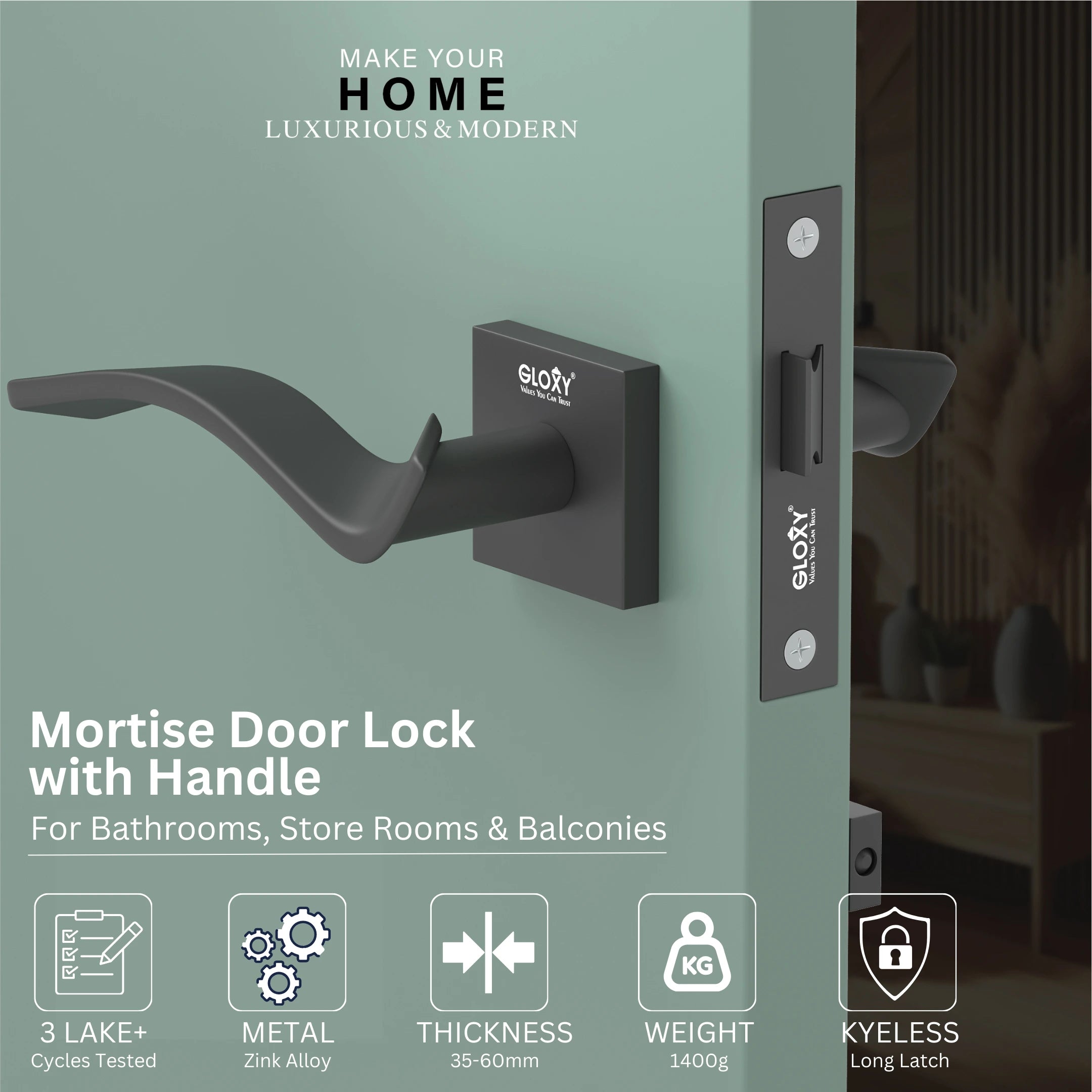 Gloxy Ronik Series Black Finish Mortise Bathroom Door Latch Lock With Handle