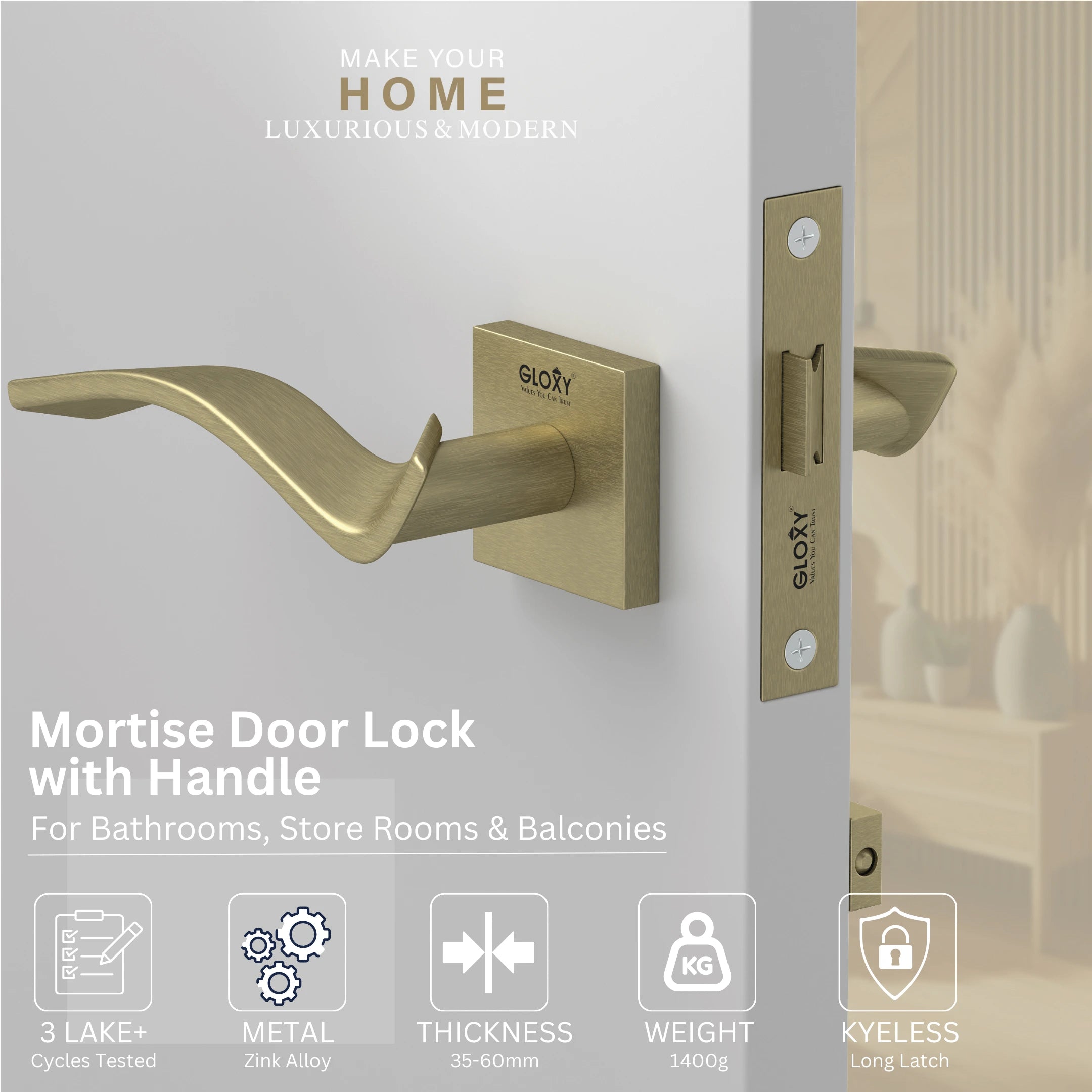 GLOXY Brass Door Lock for Balcony Store Room Door Lock, Mortise Keyless Handle Set with Brass Baby Latch for Home,Office,Hotel | Antique Finish (2 Years Warranty, Pack of 1)