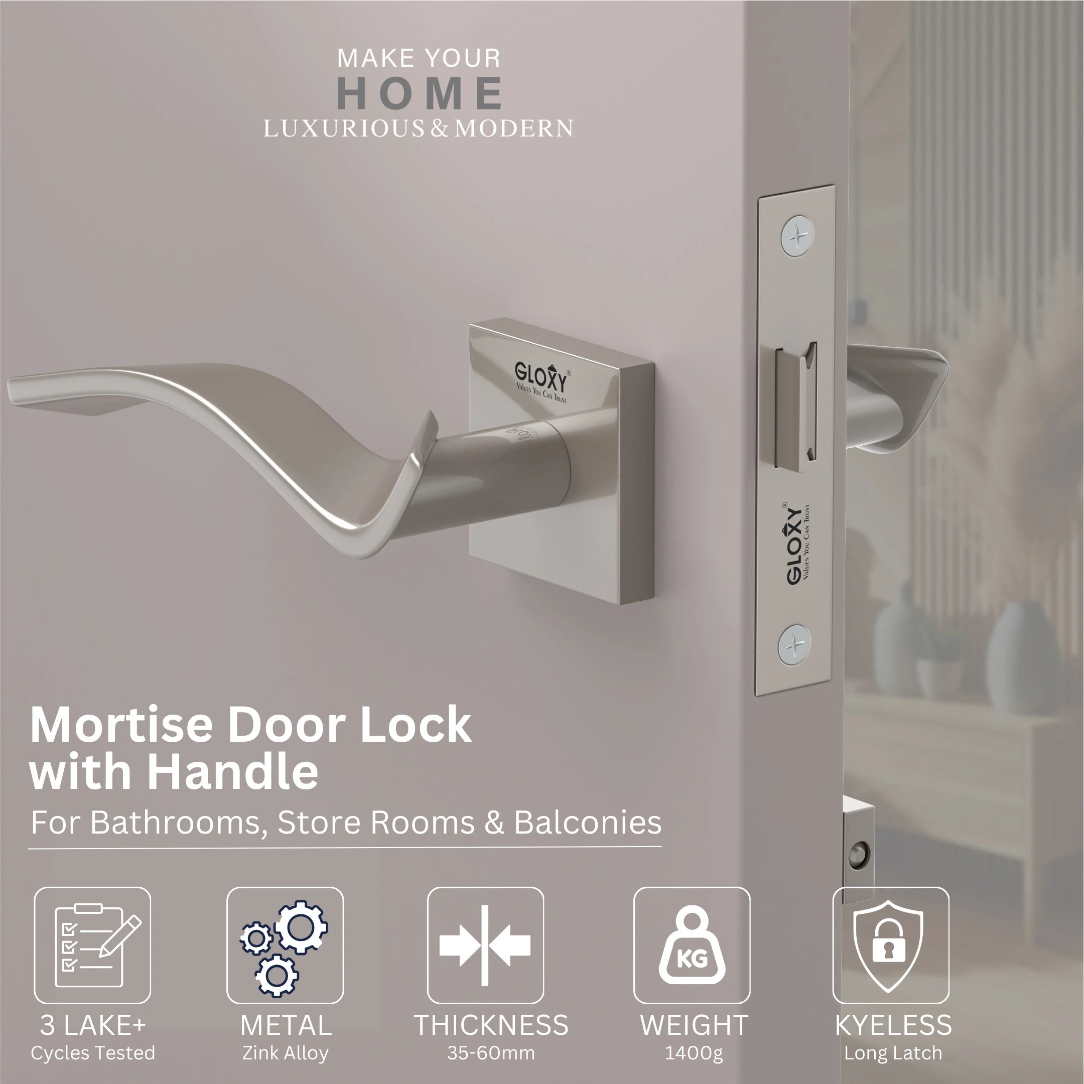 Gloxy Ronik Series Satin Chrome Finish Mortise Bathroom Door Latch Lock With Handle