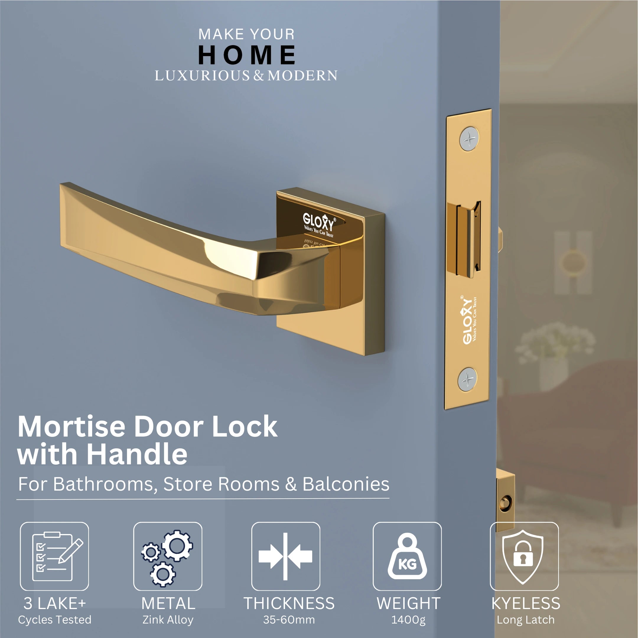 Gloxy Venlo Series Gold Finish Mortise Bathroom Door Latch Lock With Handle