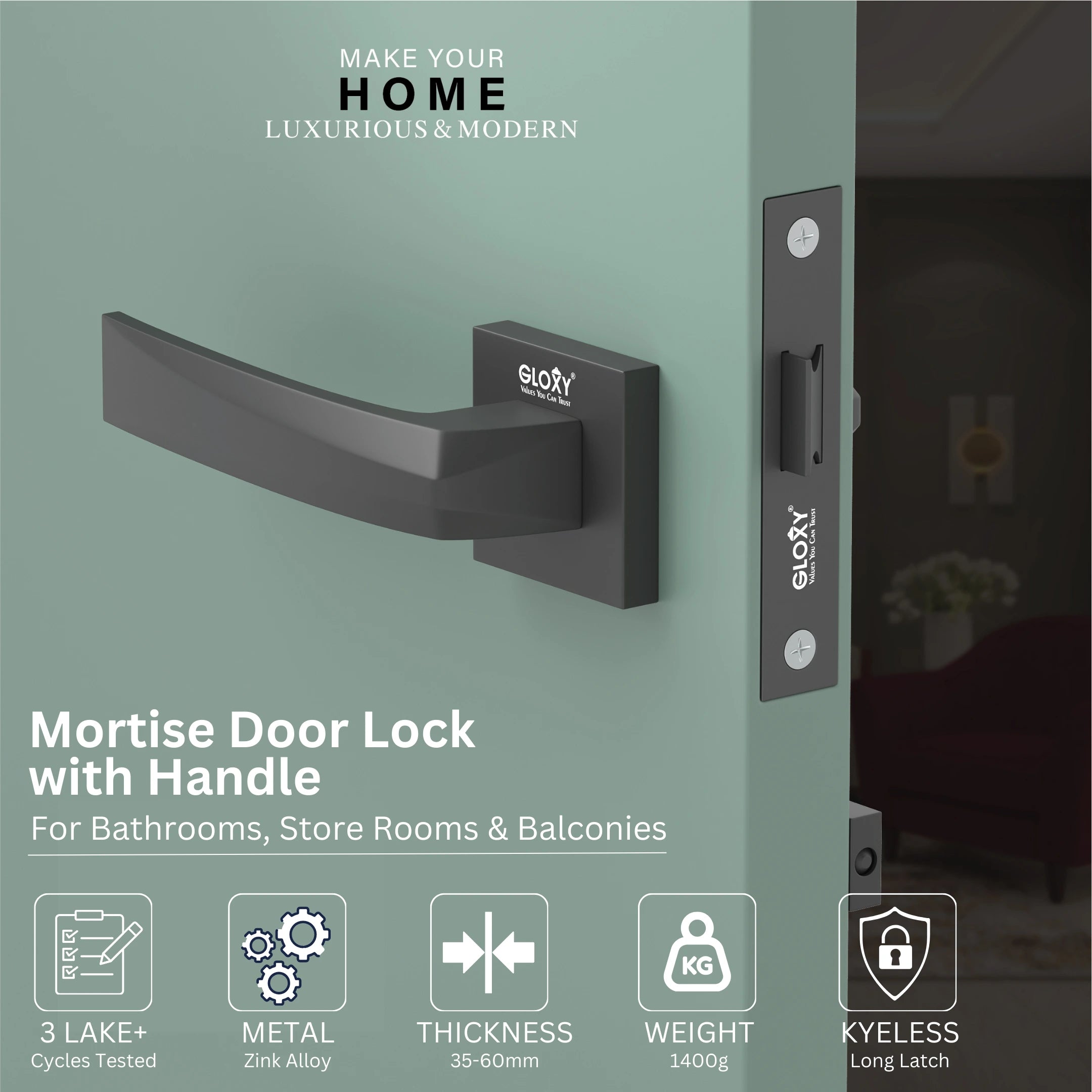 Gloxy Venlo Series Black Finish Mortise Bathroom Door Latch Lock With Handle