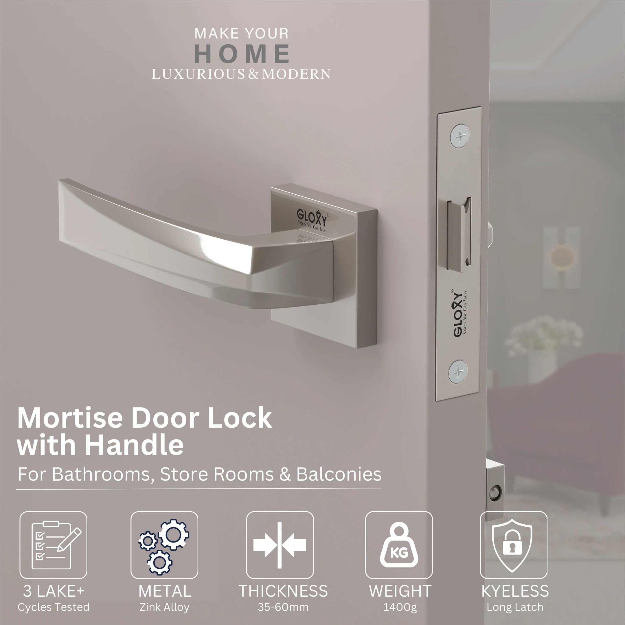GLOXY Brass Door Lock for Balcony Store Room Door Lock, Mortise Keyless Handle Set with Brass Baby Latch for Home,Office,Hotel | Satin Chrome Finish (2 Years Warranty, Pack of 1)