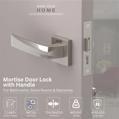 GLOXY Brass Door Lock for Balcony Store Room Door Lock, Mortise Keyless Handle Set with Brass Baby Latch for Home,Office,Hotel | Satin Chrome Finish (2 Years Warranty, Pack of 1)
