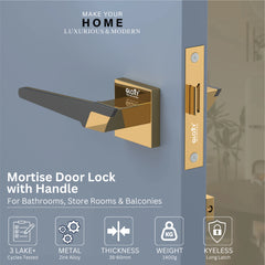 GLOXY Brass Door Lock for Balcony Store Room Door Lock, Mortise Keyless Handle Set with Brass Baby Latch for Home,Office,Hotel | Gold & Black Finish (2 Years Warranty, Pack of 1)