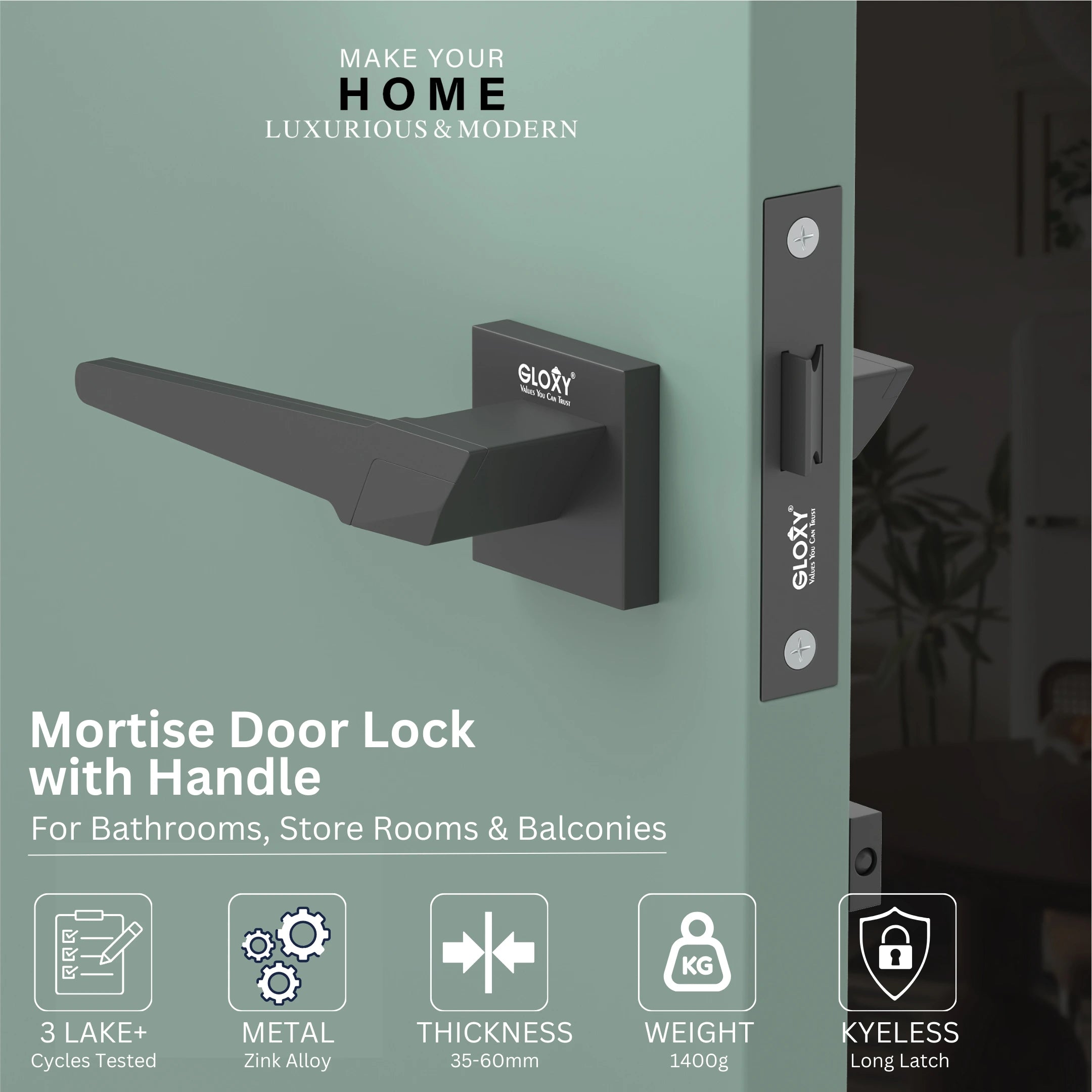 GLOXY Brass Door Lock for Balcony Store Room Door Lock, Mortise Keyless Handle Set with Brass Baby Latch for Home,Office,Hotel | Black Finish (2 Years Warranty, Pack of 1)