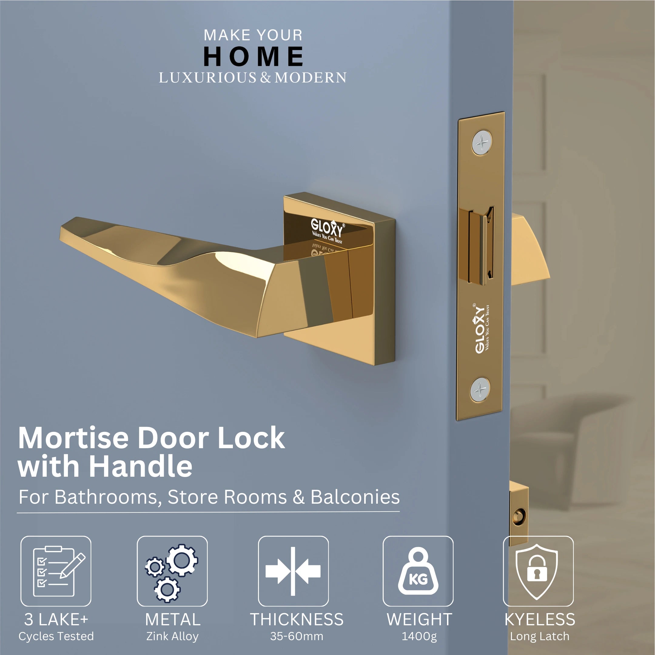 Gloxy Oxlar Series Gold Finish Mortise Bathroom Door Latch Lock With Handle