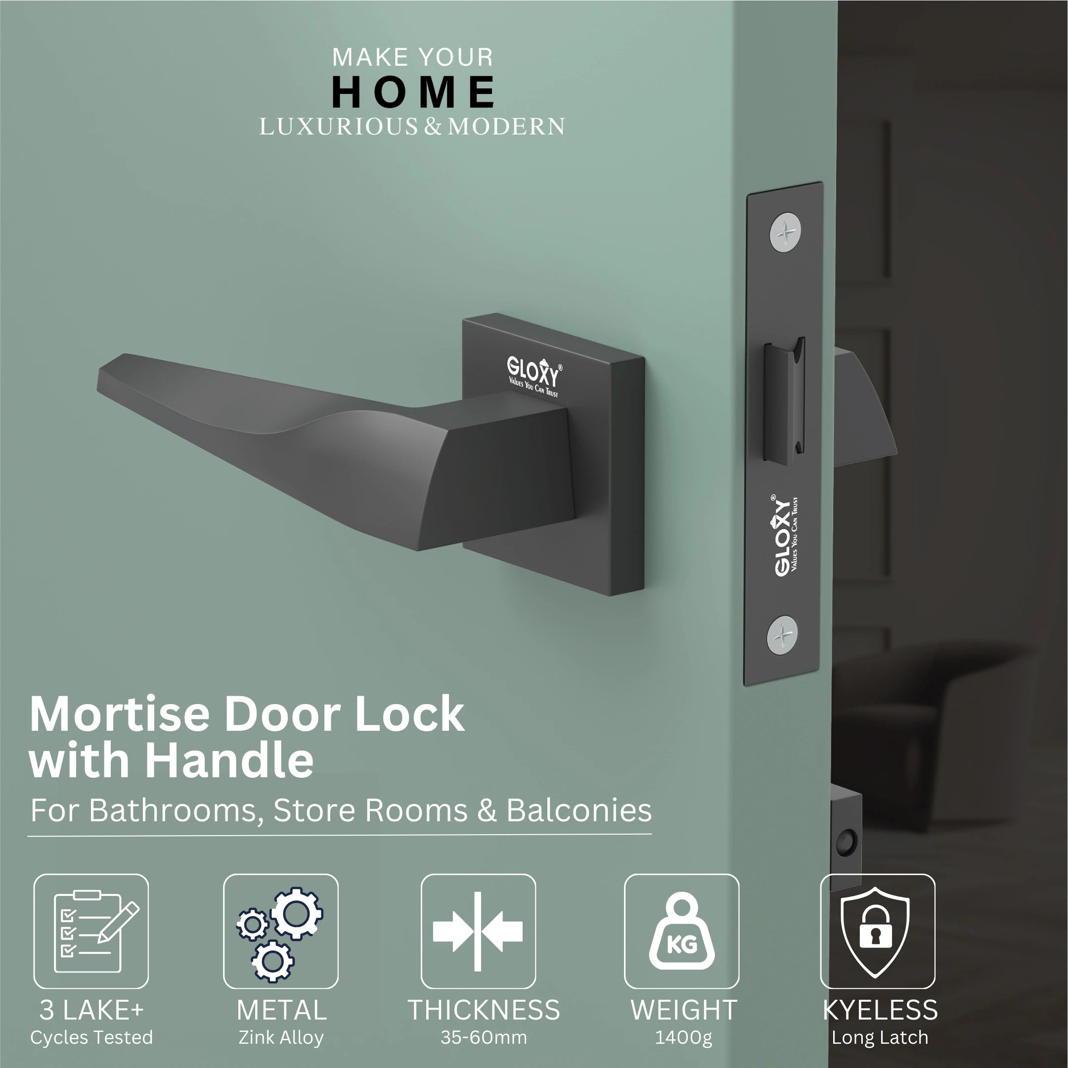 GLOXY Brass Door Lock for Balcony Store Room Door Lock, Mortise Keyless Handle Set with Brass Baby Latch for Home,Office,Hotel | Black Finish (2 Years Warranty, Pack of 1)